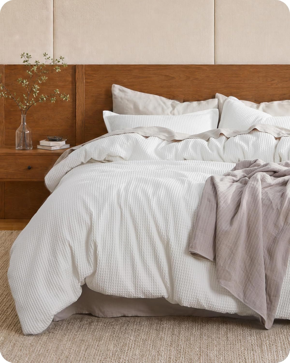 Bedsure Cotton Duvet Cover King – 100% Cotton Waffle Weave Coconut White Duvet Cover King Size, PureWoven Breathable Bedding Set for All Season, 3 Pieces, 104″x90″
