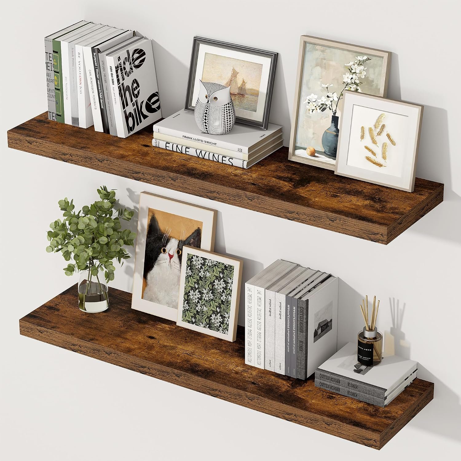 36 Inch Floating Shelves, 12 Inch Deep Floating Shelves for Wall, Extra Deeper & Thicker Wooden Wall Shelf with Invisible Brackets, Shelf for Bedroom Home Decor（Rustic Brown, Set of 2）