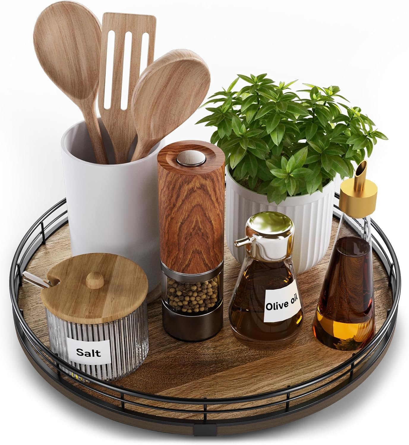 Acacia Wood 12″ Lazy Susan Turntable Organizer for Table Top, Farmhouse Round Wooden Lazy Susan for Cabinet Kitchen Centerpieces Coffee Table, for Condiments Spices, Bathroom Vanity Tray Decor