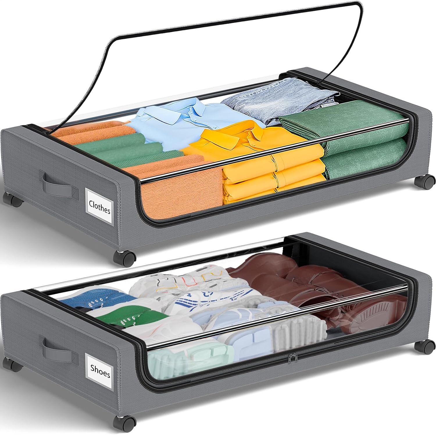 GoMaihe Under Bed Storage with Wheels: 48L Underbed Storage Containers with Lids – Rolling Bins for Shoes Clothes in Dorm Bedroom – Metal Drawers Easy Pull-out Grey 2-Pack