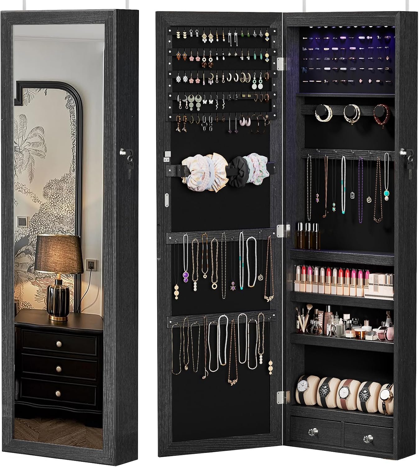 Sweetcrispy Jewelry Organizers and Storage, Wall/Door Mounted Jewelry Armoire with Mirror, 47.2″ Tall Mirror with Storage, Automatic 6 LED Lights, Lockable, 2 Drawers, Black