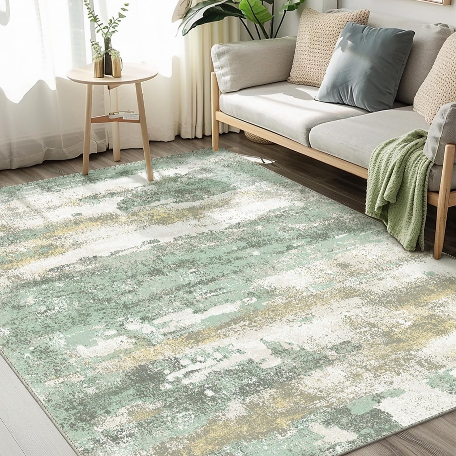 BEIMO Area Rugs 5×7 for Living Room Bedroom, Modern Abstract Machine Washable Large Light Green Rug Soft Rug, Low Pile Floor Carpet with Non Slip Backing for Dining Room