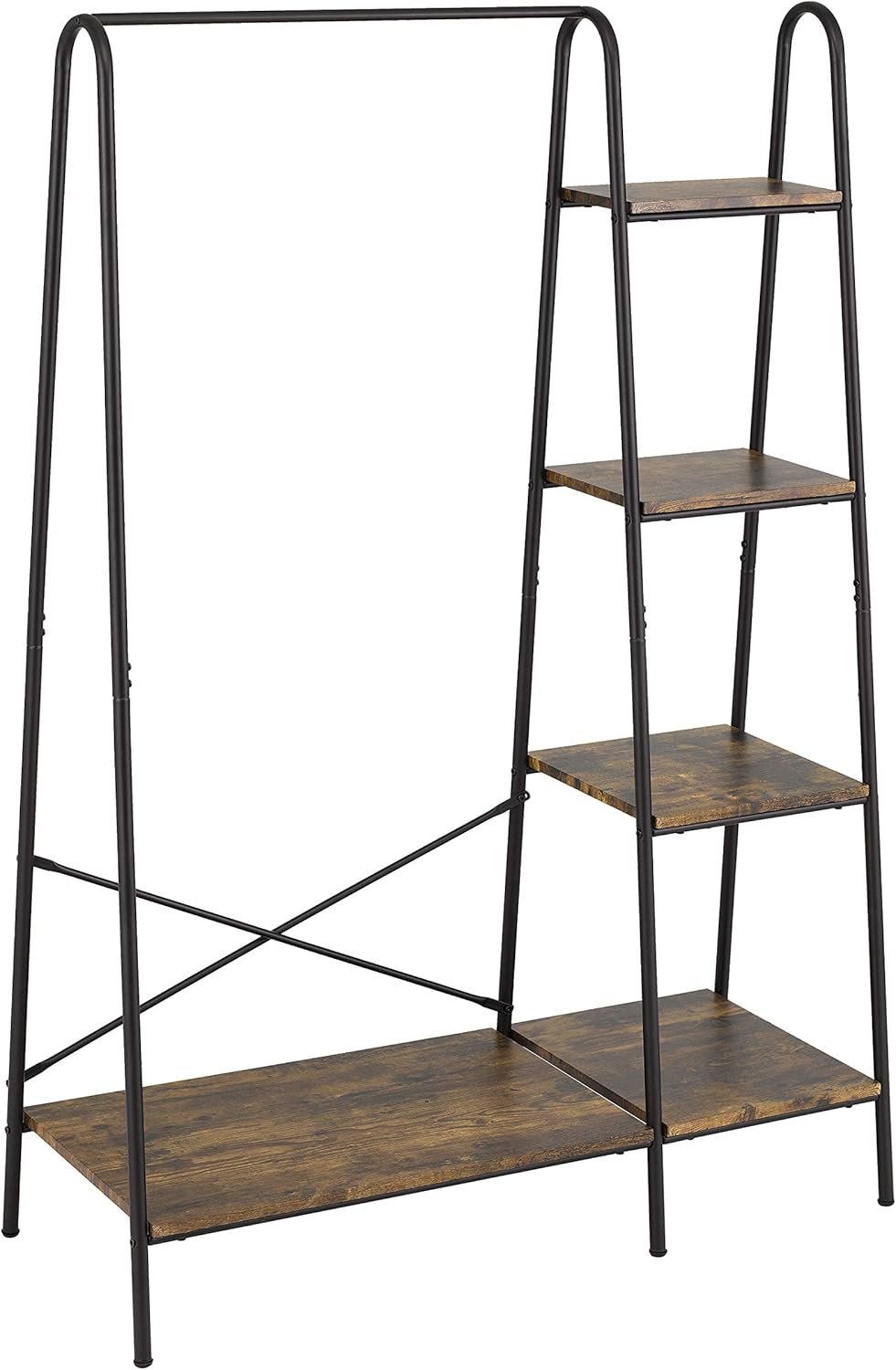 Finnhomy Rustic Clothes Rack, Clothing Rack for Hanging Clothes Heavy Duty Garment Rack with 5 Wood Shelves Freestanding Portable Closet Organizer for Bedroom/Entryway/Boutiques，Matte Black