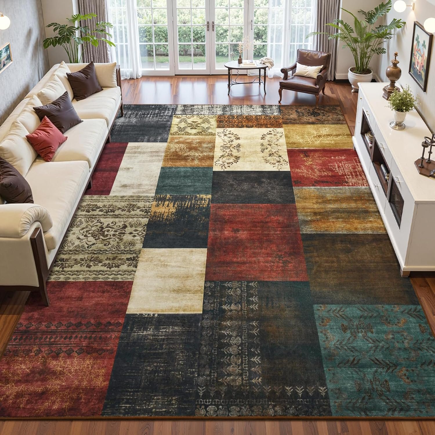 DweIke Washable Area Rugs 5×7 for Living Room, Modern Geometric Colorful Soft Patchwork Carpet, Non-Slip Stain Resistant Throw Rug for Bedroom Dining Room Office Home Decor