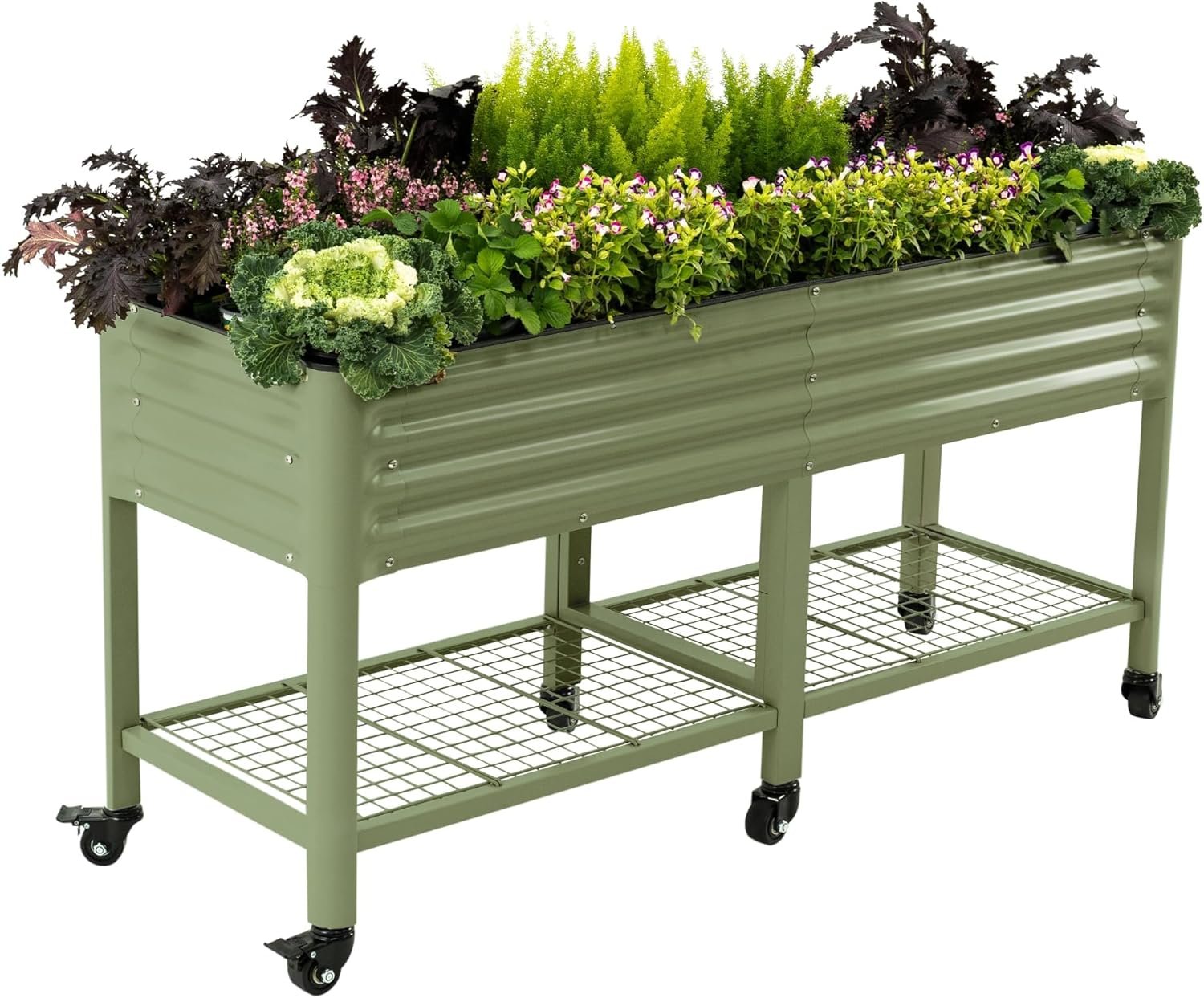 Rolling Elevated Raised Garden Bed-V Series, 2′ x 6′ Garden Beds with Legs & Storage Rack for Patio & Porch, 1000 Lbs Weight Capacity, Outdoor Planter Box for Vegetables Flower Herbs, Olive Green