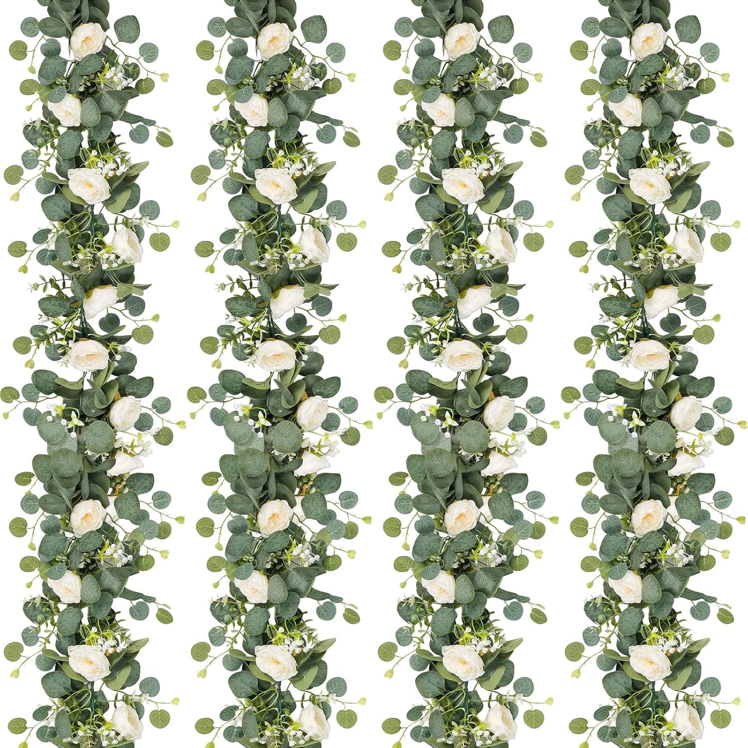 TOCHGREEN 4 Pack Artificial Eucalyptus Flower Garland with White Roses, Fake Rose Flower Greenery Garland Floral Vines for Wedding Home Party Table Runner Decor (4PCS, White)