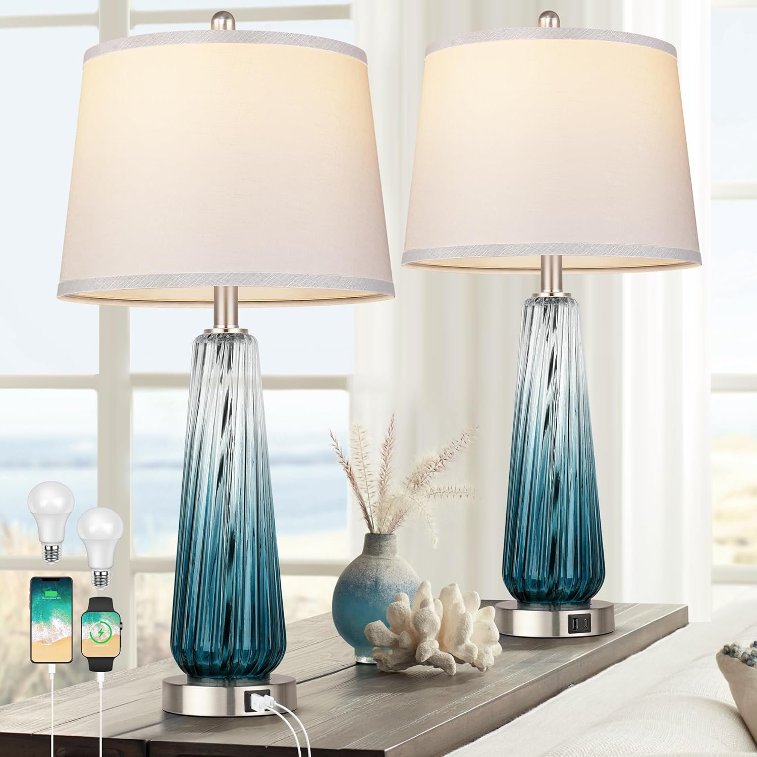 Table Lamps Set of 2 with Touch Control, Modern Glass Bedside Lamps with USB A+C Ports, 3-Way Dimmable Nightstand Lamp with White Fabric Shade, 27.5″ Large Lamps for Living Room Bedrooms Decorations