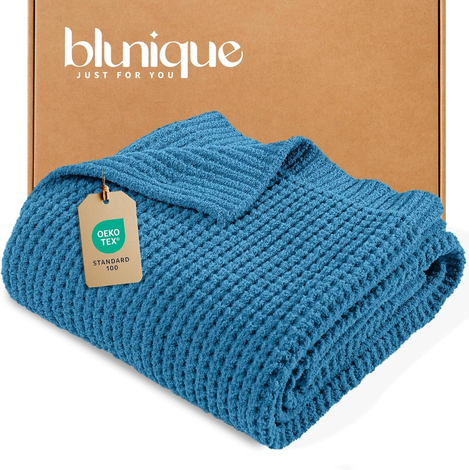 Waffle Knit Throw Blanket for Couch, Soft Cozy Chunky Knit Thick Knitted Blanket for Sofa, Bed, Gift for Women Girls Home Decor (Blue, Throw 50″x60″)