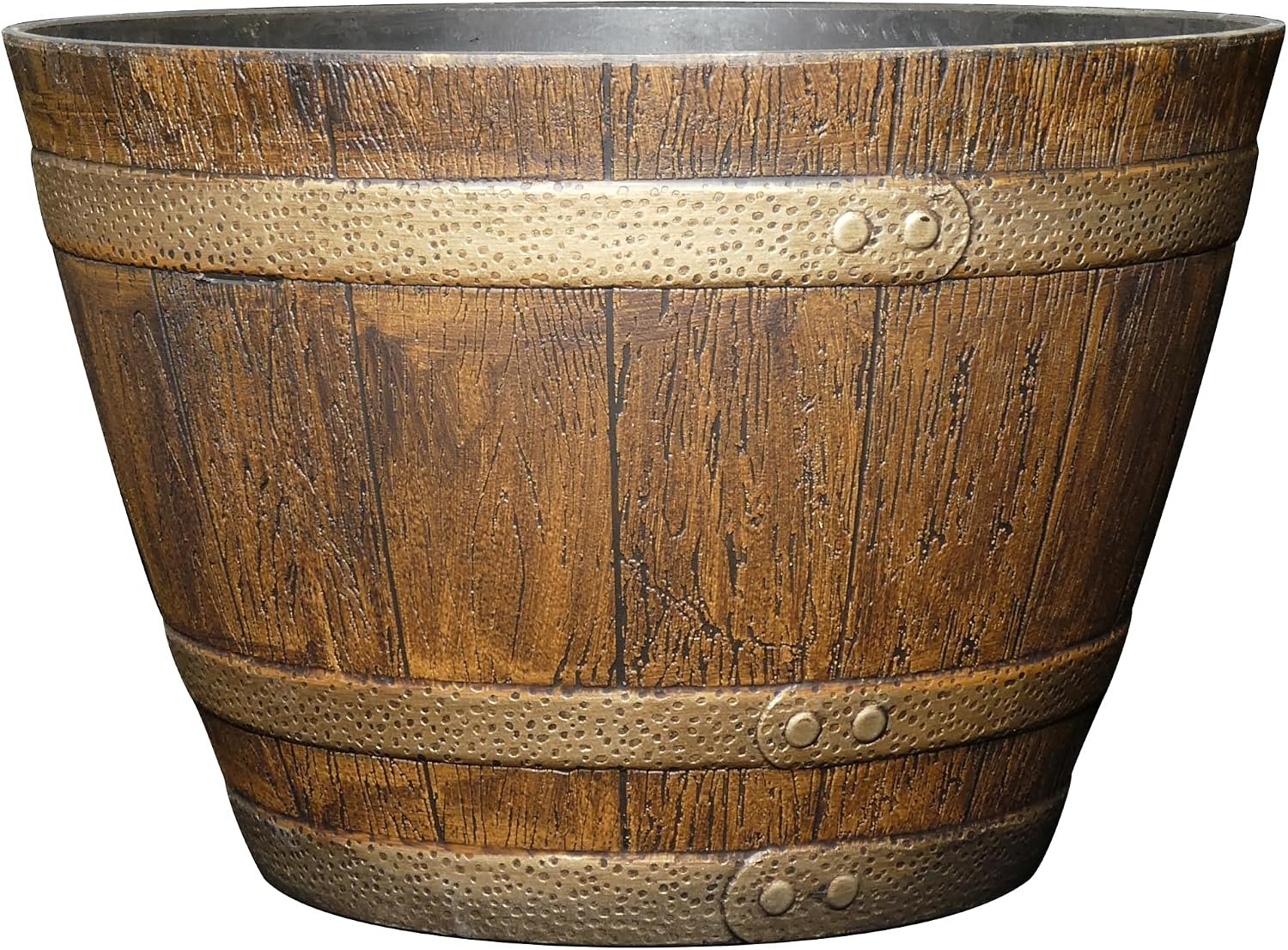 Whiskey Barrel Planters, Wooden Finish Flower Planter Pot, Decorative Garden Pots, Indoor Outdoor Resin Planters, Weather-Resistant Plant Pot (15” Oak Brown, 1-Pack)