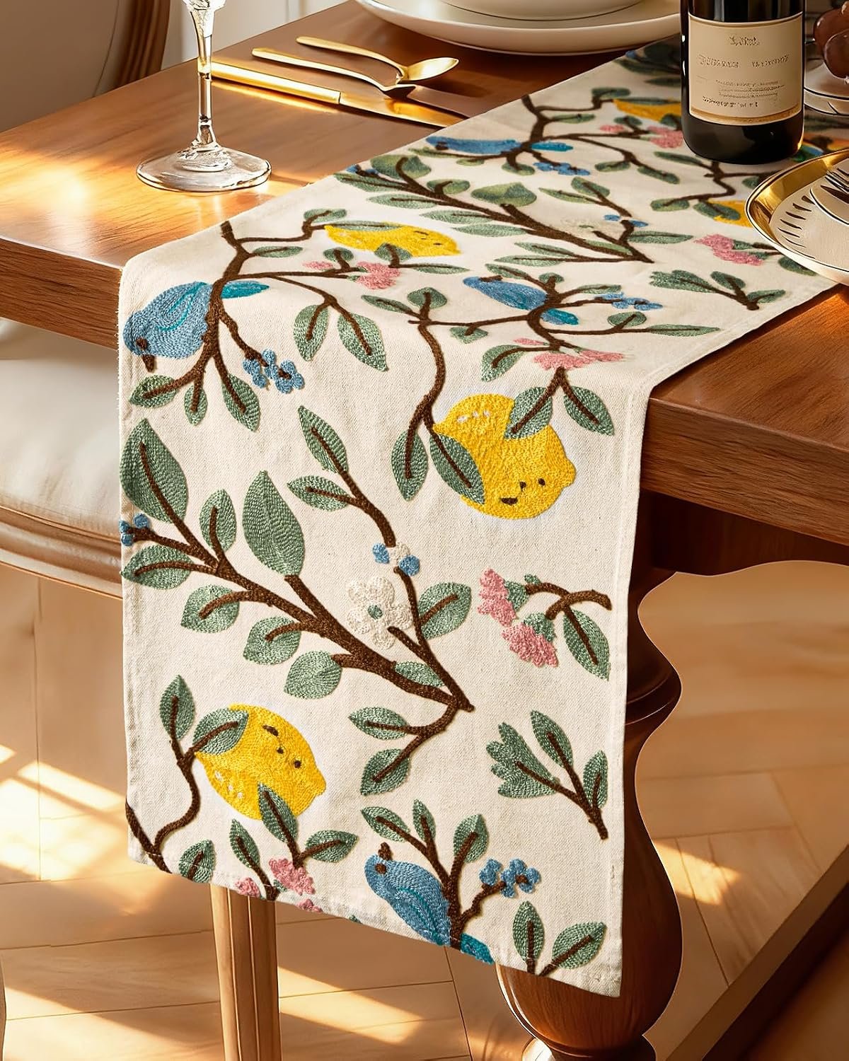 Canvas Embroidered Table Runner – 13″x 72″ Coffee Table Runner for Living Room Narrow Tablerunner for Dining Room Washable Farmhouse Kitchen Island Counter Decor Housewarming Gift, Lemon Bird