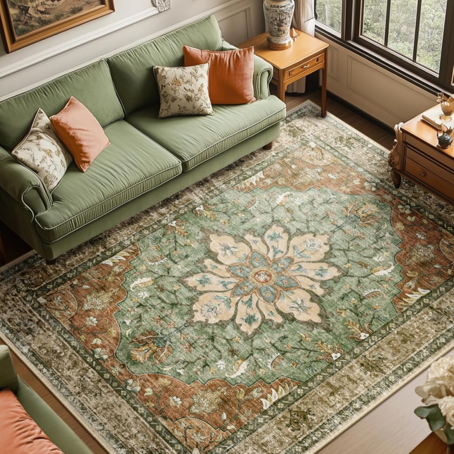 RELEANY Area Rugs 8’x10′ Washable Non-Slip, Floral Vintage Distress Medallion Carpet for Living Room Bedroom Dining Room, Terracotta Burnt Orange Green