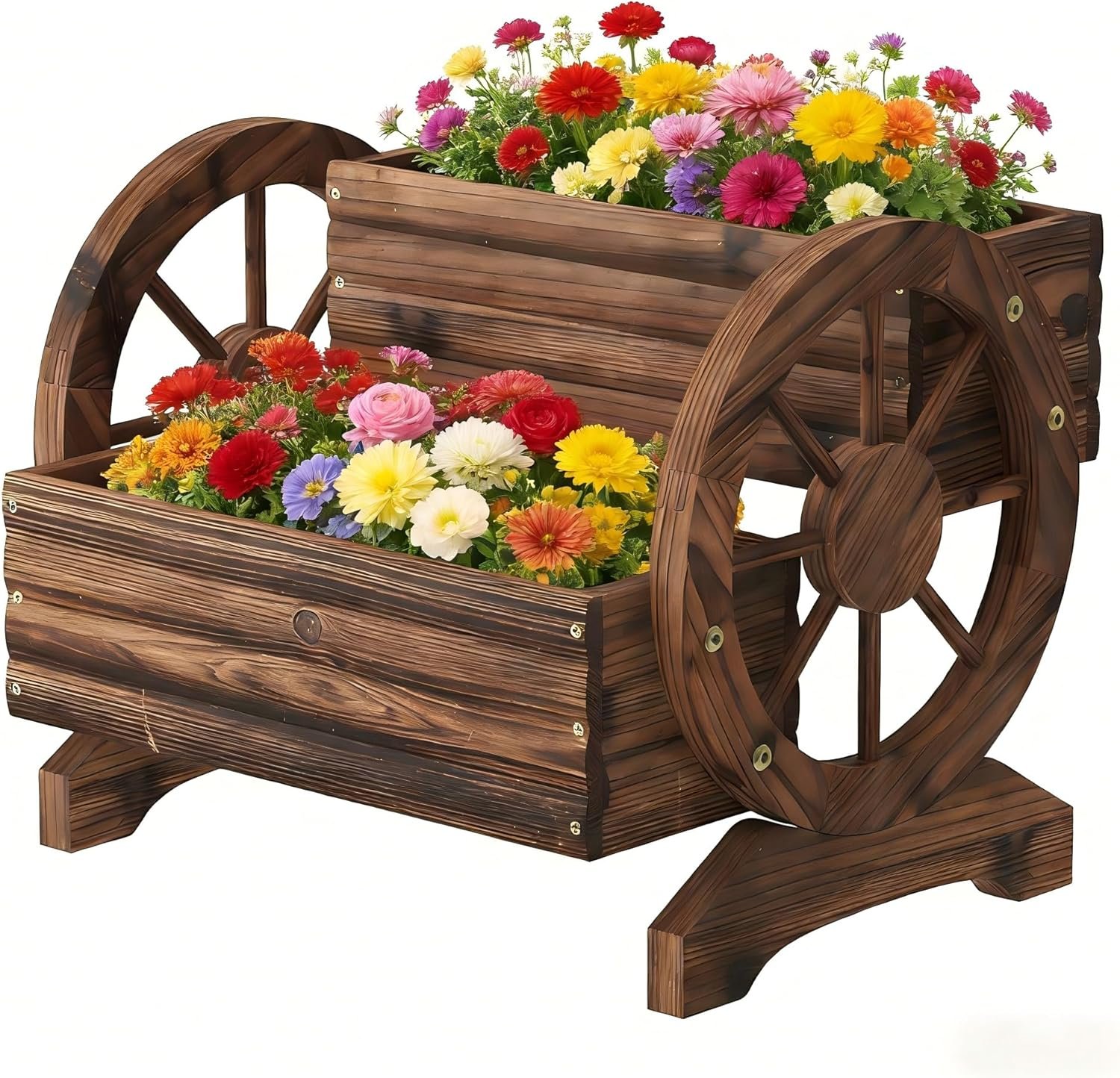 Wooden Wagon Planter Cute Garden Flower Pots Cart with wheels, Outdoor Decoration decor Indoor, Drainage hole, Garden decor for succulents herbs veggies for porch patio balcony (Carbonized, Medium)