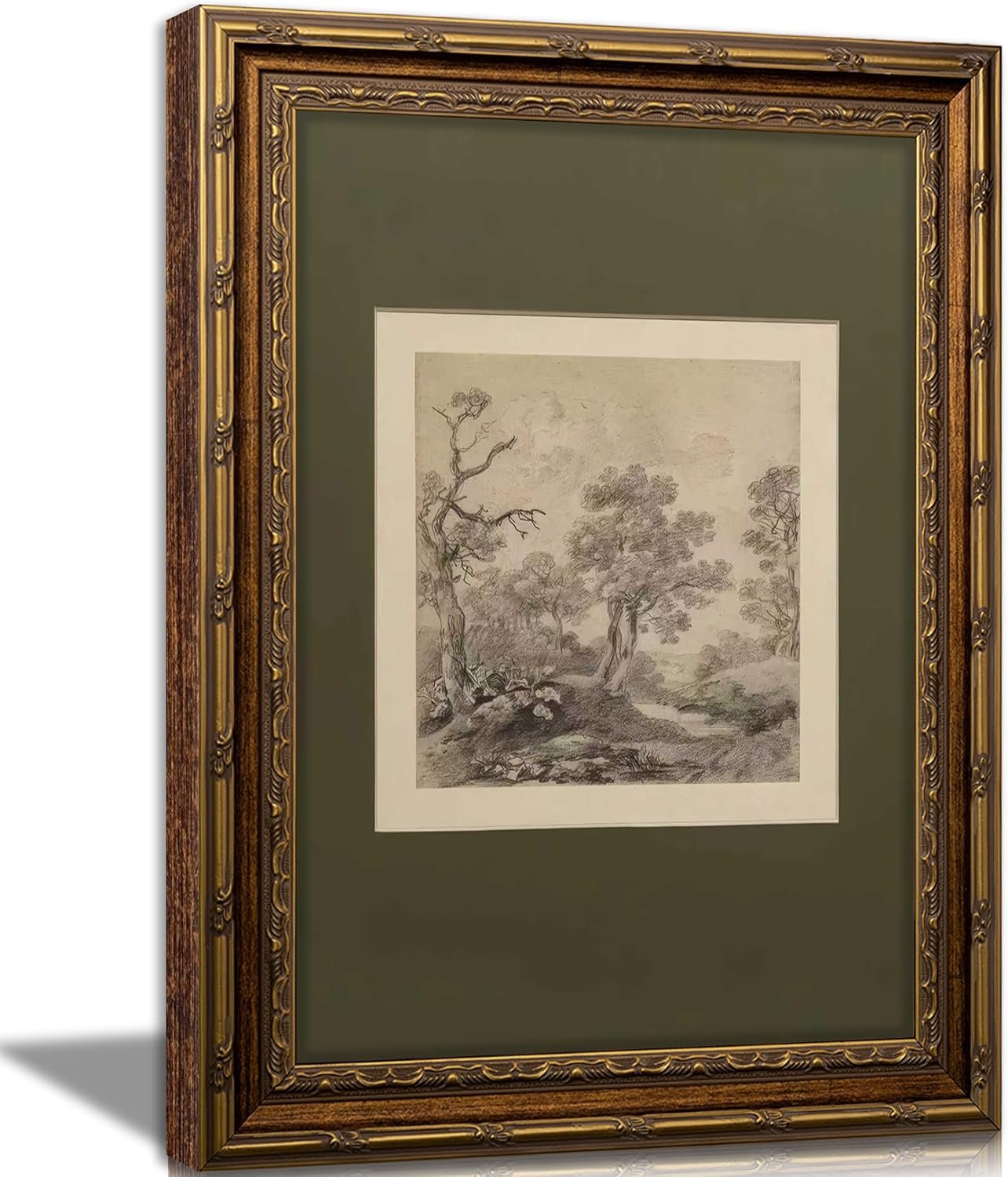 Vintage Gold Framed Wall Art Tree Forest Landscape Painting Canvas Prints Green Gray Tree Natural Sketch Picture Rustic Farmhouse Poster Artwork for Living Room Bedroom Bathroom, 9x11in