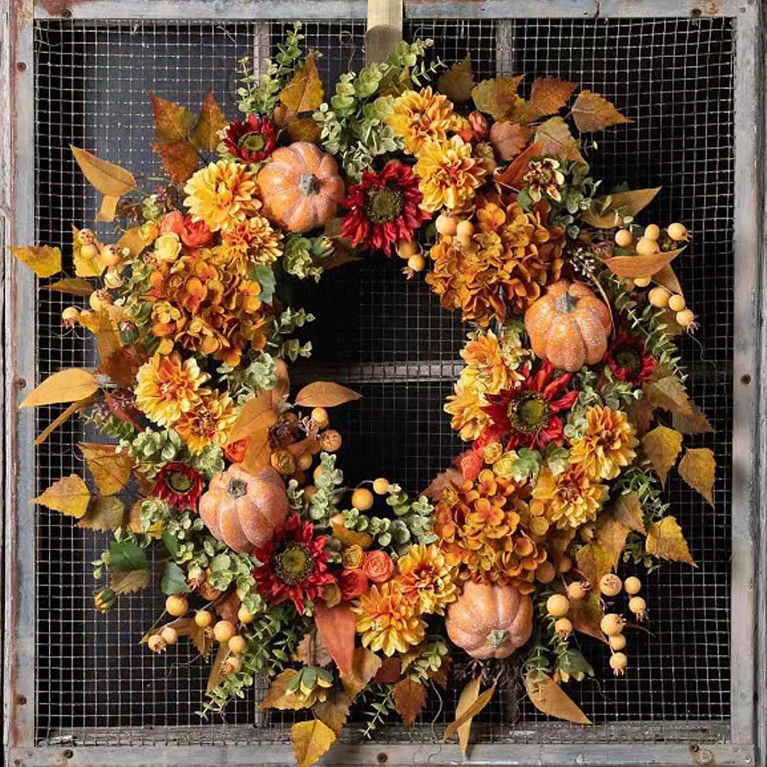 Farmhouse Fall Wreath with Seasonal Botanicals – Autumn Harvest Front Door Decor, All-Season Harvest Wreath for Porch, Wall, Home Decor (B)