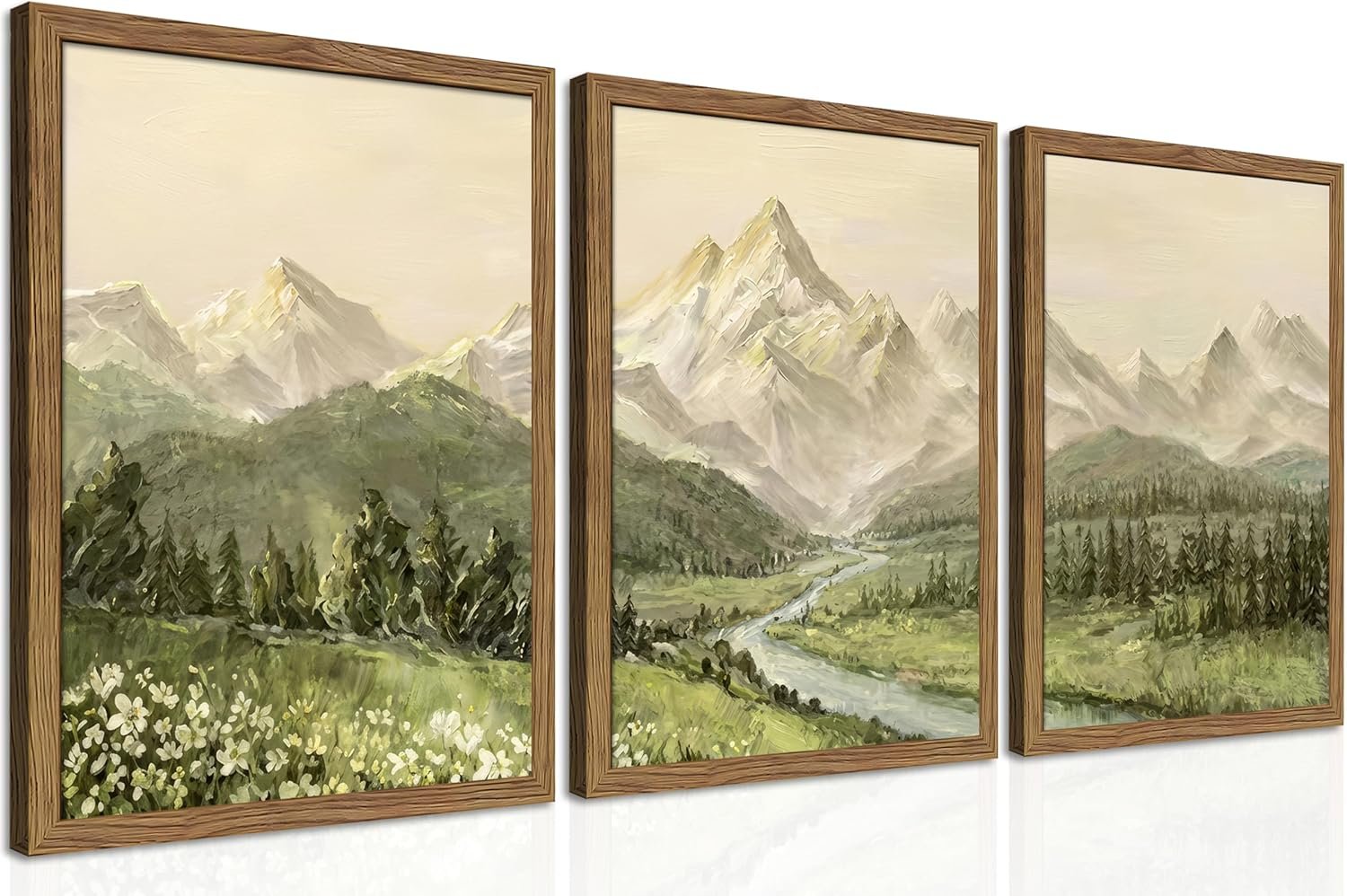 Framed Mountain Wall Art for Living Room, Green Nature Landscape Canvas Wall Decor Set of 3, Vintage Forest Rustic Farmhouse Prints Pictures Paintings for Office Bedroom 12×16 Inch