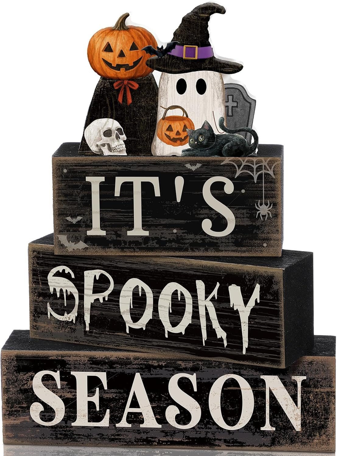 Moucuny 4 Pcs Halloween Table Decoration Pumpkin Ghost Wooden Stacked Block Decor, “It’s Spooky Season” Centerpiece Signs, Rustic Gothic Halloween Tiered Tray Decoration for Home Office Kitchen Shelf