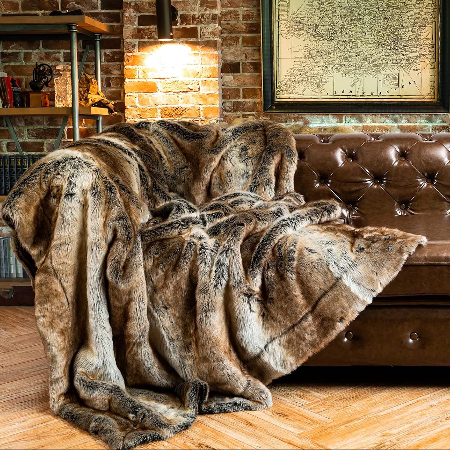 BATTILO HOME Luxury Brown Faux Fur Blanket Thick Warm Elegant Cozy Fuzzy Throw for Couch, Bed, Sofa Fluffy Blankets Decorative Reversible to Plush Velvet, 50″x60″