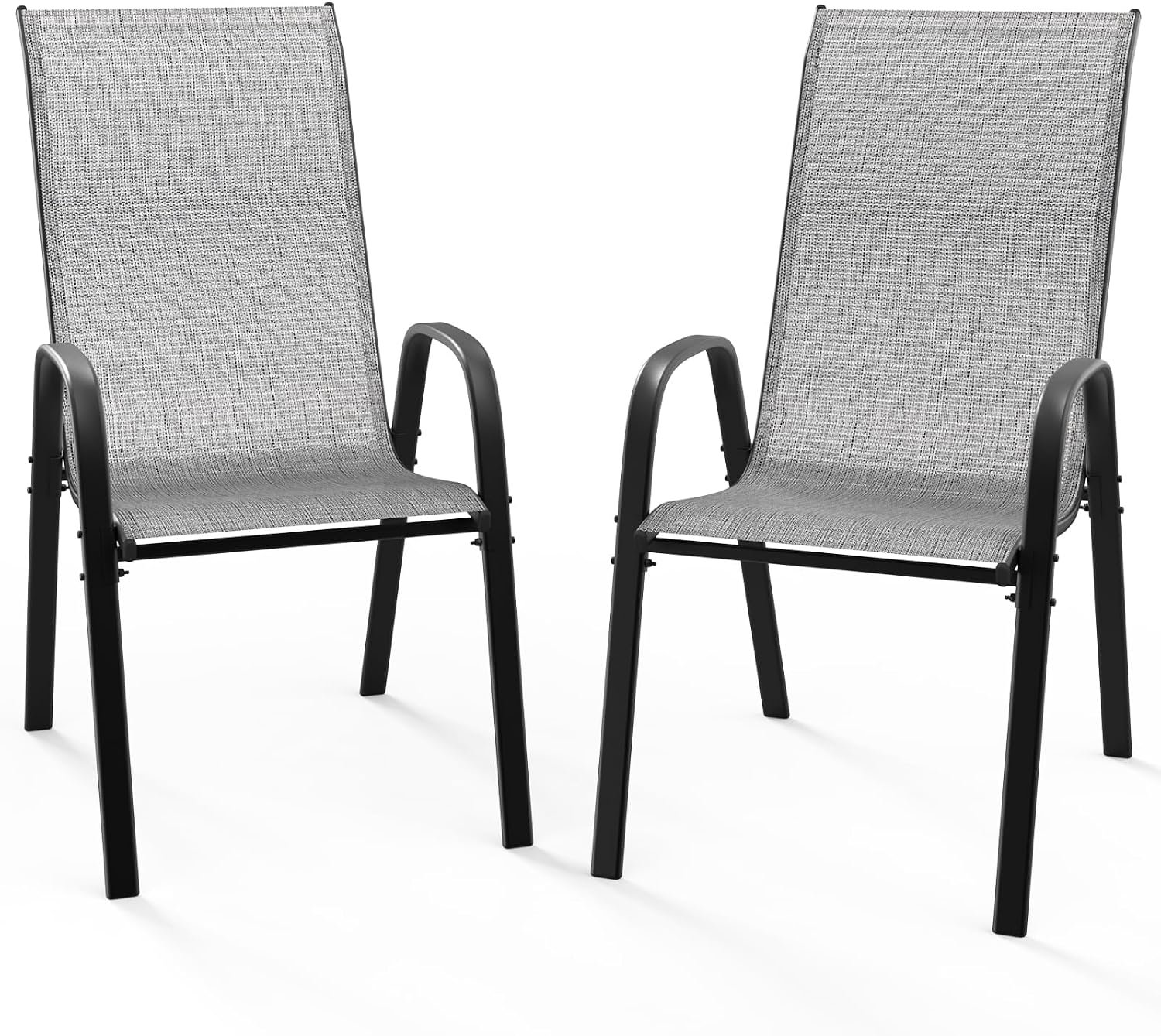 VINGLI Patio Chairs Set of 2 – Stackable Outdoor Dining Chairs with Comfortable Sling High Back Chairs and Armrests for Lawn, Poolside, Courtyard, Balcony, Garden, Silver Gray