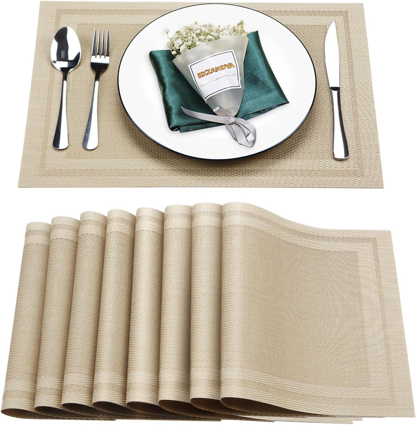 Placemats Set of 8,Vinyl PVC Heat Resistant Washable Placemats Set,Non Slip Place Mats for Restaurant Table Protection,PVC Table Mats(Beige,8PCS)