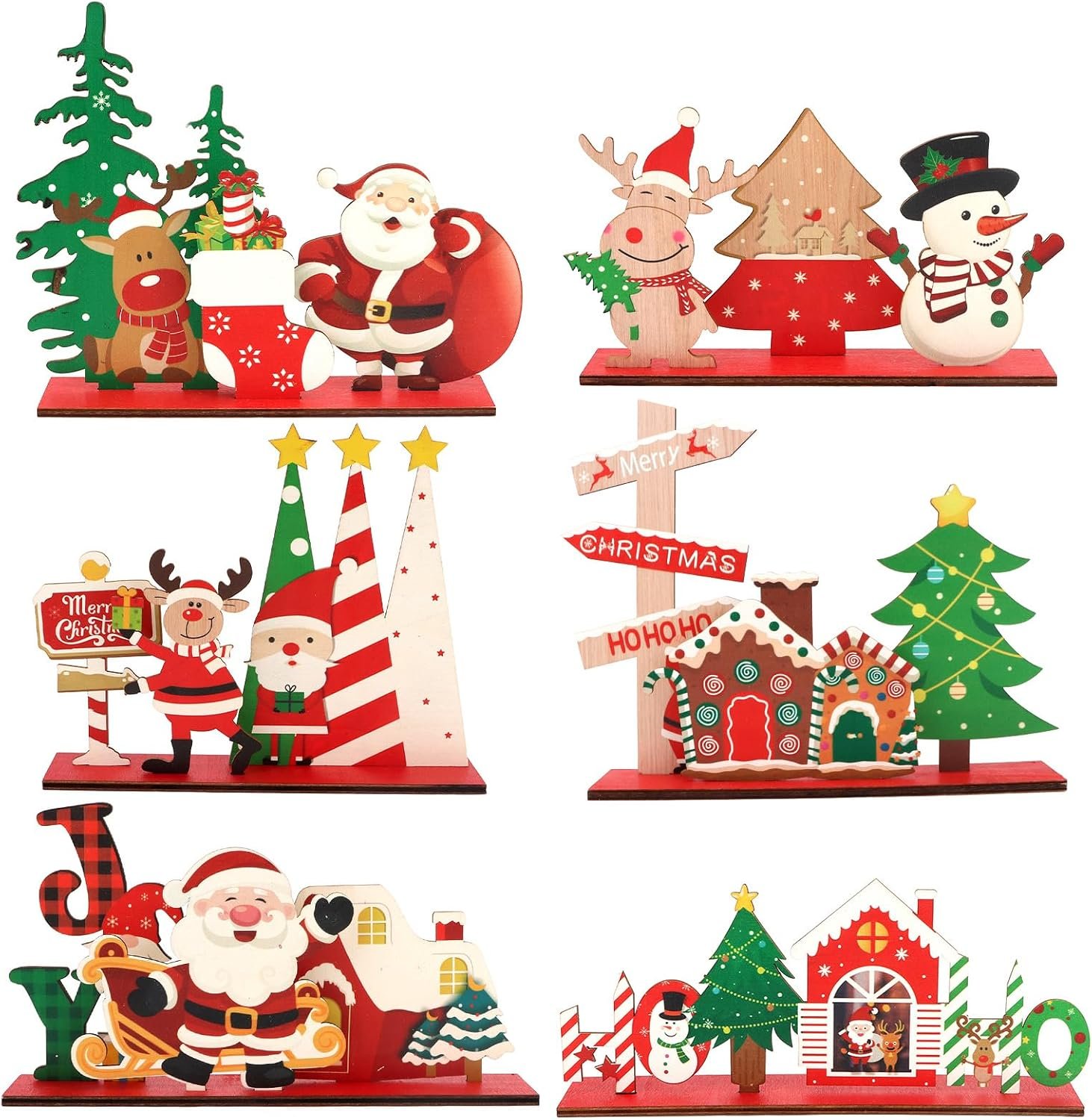 6Pcs Christmas Table Decorations Wooden Table Centerpiece Sign Xmas Snowman Santa Claus Gnome Reindeer Christmas Tree Ornaments for Xmas Holiday Indoor Decor