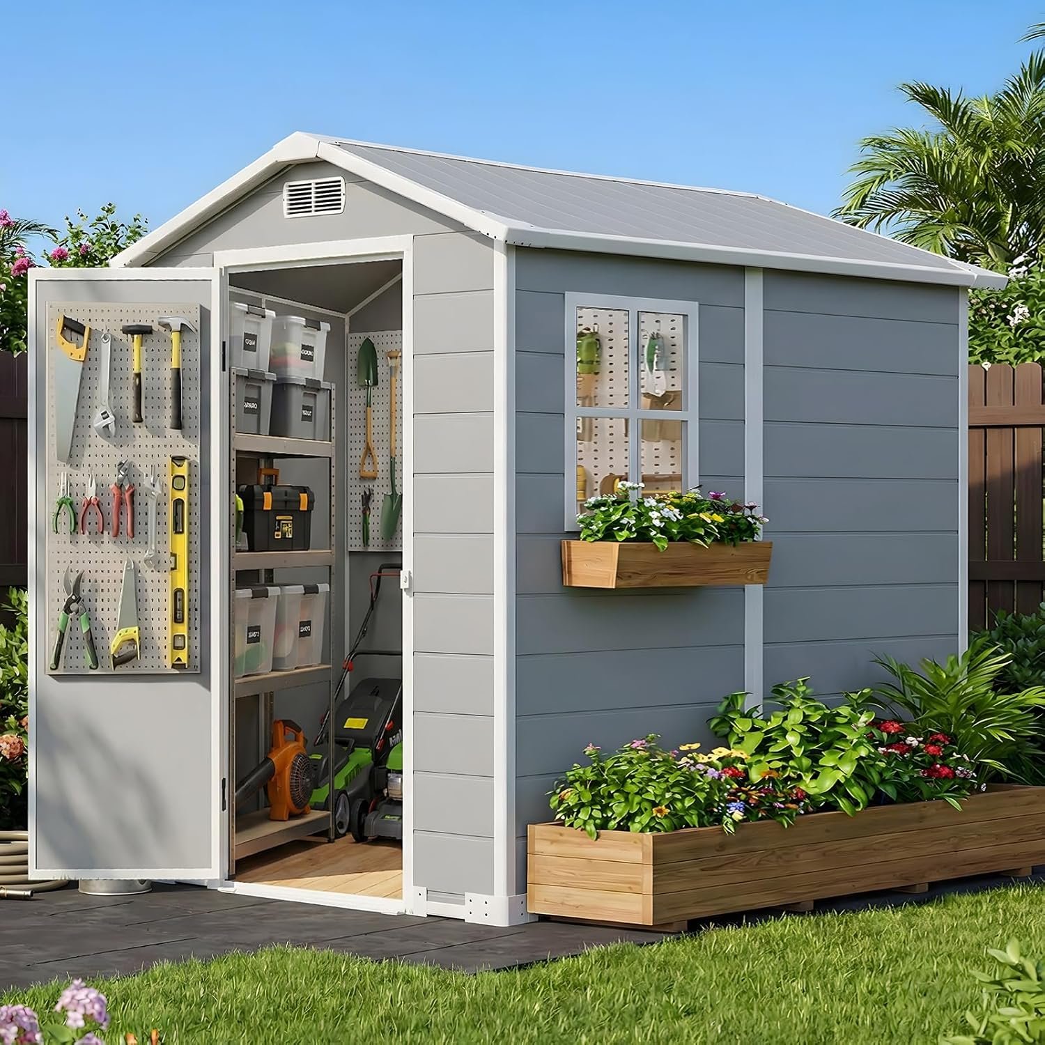4×6 FT Outdoor Storage Shed with Floor & Window, All-Weather Resin Garden Tool Shed, Waterproof Plastic Garden Shed with Lockable Door, Vents & Roof Rainwater Drainage for Backyard, Garden, Poolside