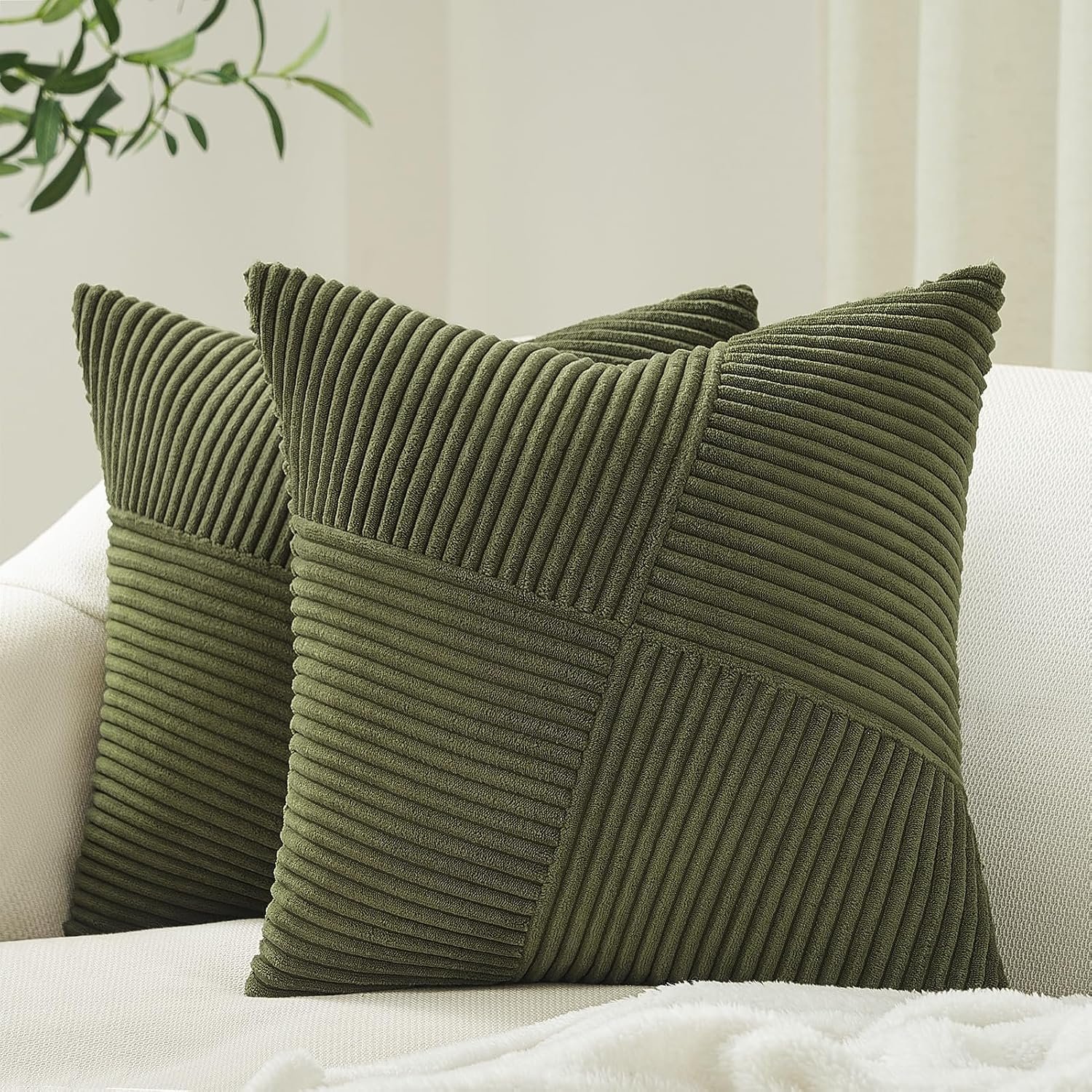 Topfinel Olive Green Decorative Throw Pillow Covers Set of 2 18×18 Inches for Couch Bed Sofa, Boho Aesthetic Home Decor, Soft Corduroy Striped Patchwork Windmill Textured Cushion Cases 45×45 cm