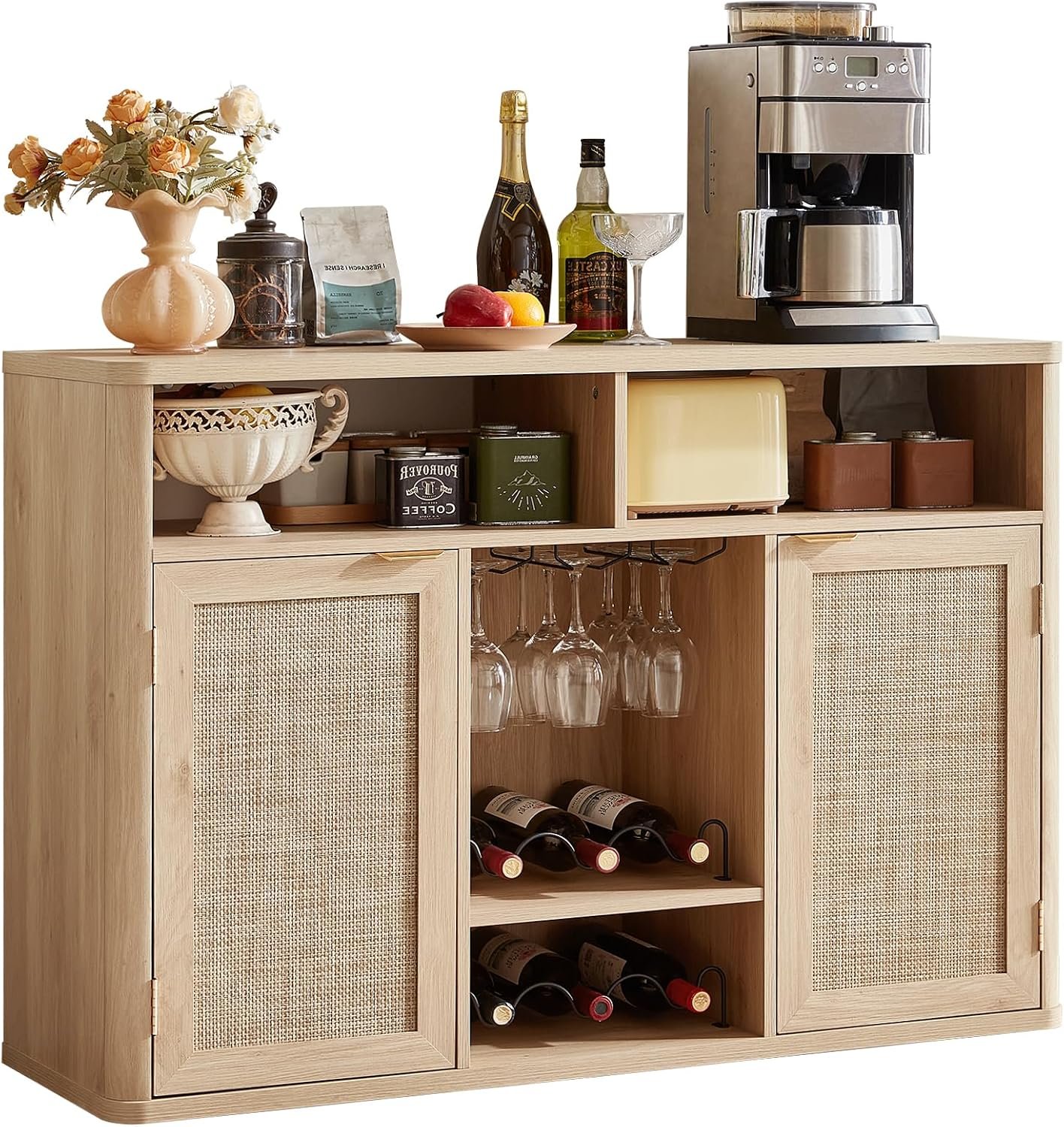 Lerliuo Rattan Wine Cabinet with 2 Doors, Boho Liquor Cabinet with Wine Racks, Farmhouse Coffee Bar Station for Living Room, Dining Room, Kitchen, Natural Wood