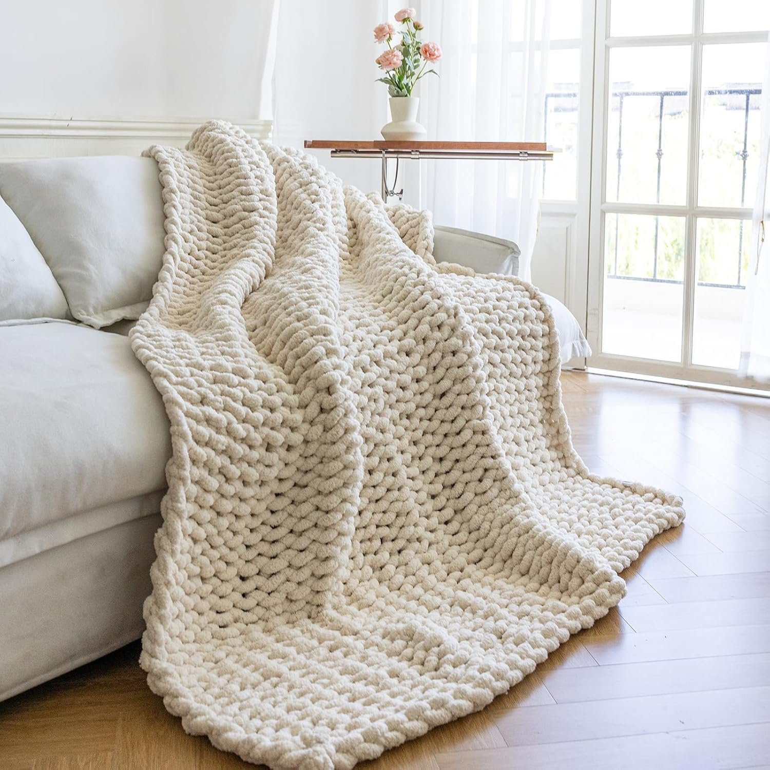 Chunky Knit Blanket – Luxury Soft Cozy 50 * 60 Throw Blanket,100% Woven Blanket Rope Knot Throw Blanket for Couch, Sofa, Home Decor, Gift – Machine Washable (Cream, 50 * 60)