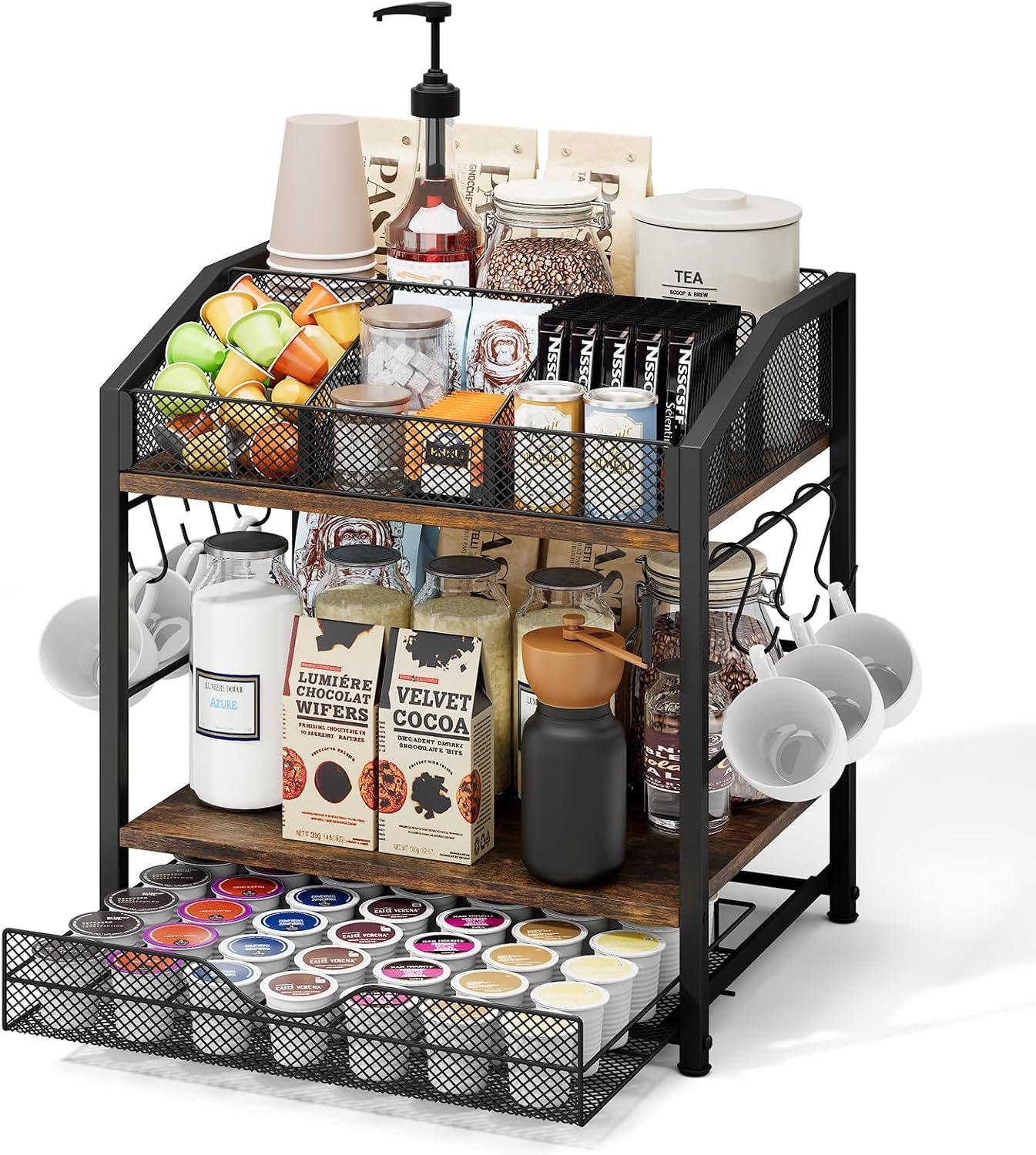 Homsorout Coffee Bar Organizer – Countertop Coffee Station, 42 K Cup holder Storage Basket with Drawer and Hooks for Syrup, Cups, Stirrer, Condiment, Tea Organizer, Black and Brown