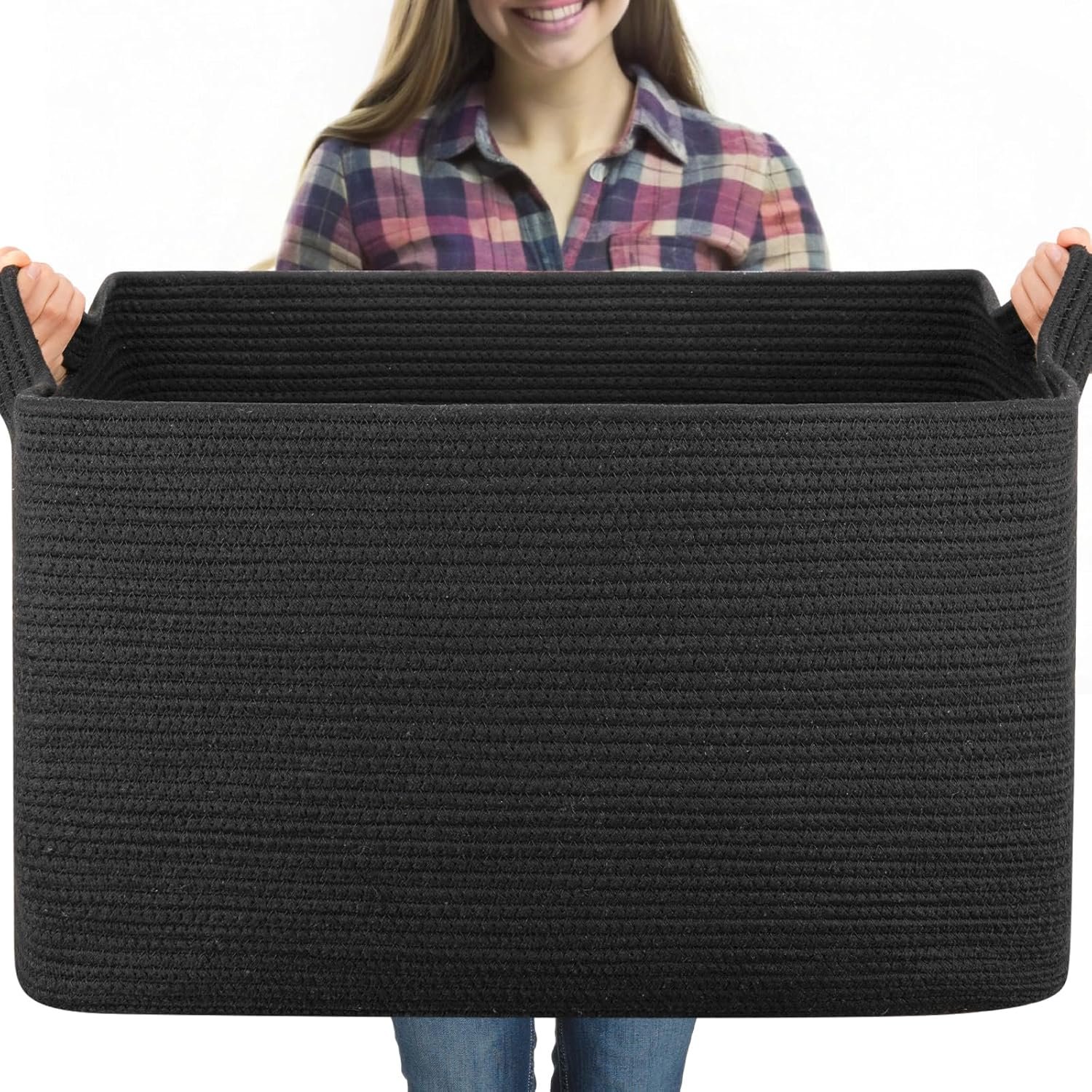 OIASKET 95L Extra Large Blanket Basket, 24″ x 16.9″ x 14.2″ Woven Storage Basket for Living Room, Rectangle Nursery Blanket Storage for Toys, Towels, Dirty Clothes (Black)
