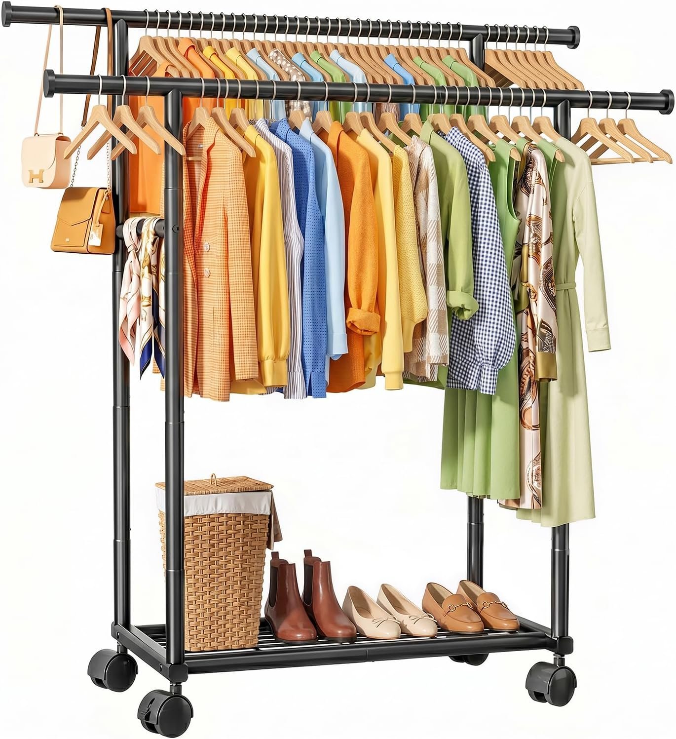 Sakugi Double Rods Clothes Rack – Metal Clothing Rack with Fixed Double Rods, Rolling Wheels & Built-In Shelf for Closet, Bedroom, Laundry Storage (39″ x 17″ x 60″, Black)