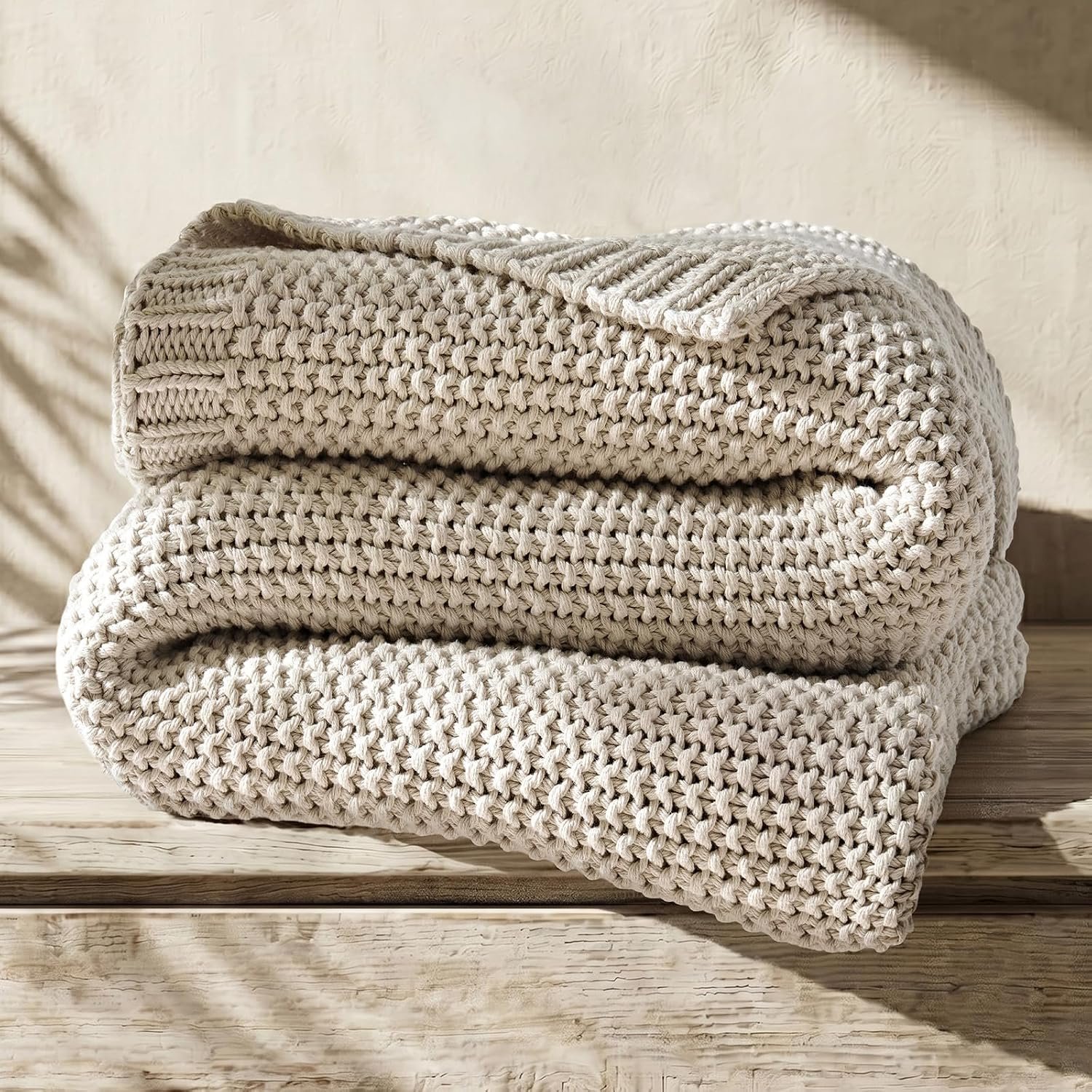 EverGrace Organic Cotton Chunky Knit Throw Blanket, 50 x 60 Birch | OCS Certified Organic Cotton, Seed Stitch Knit, Soft & Breathable, Cozy Midweight, Decorative Throw for Couch, Bed & Sofa