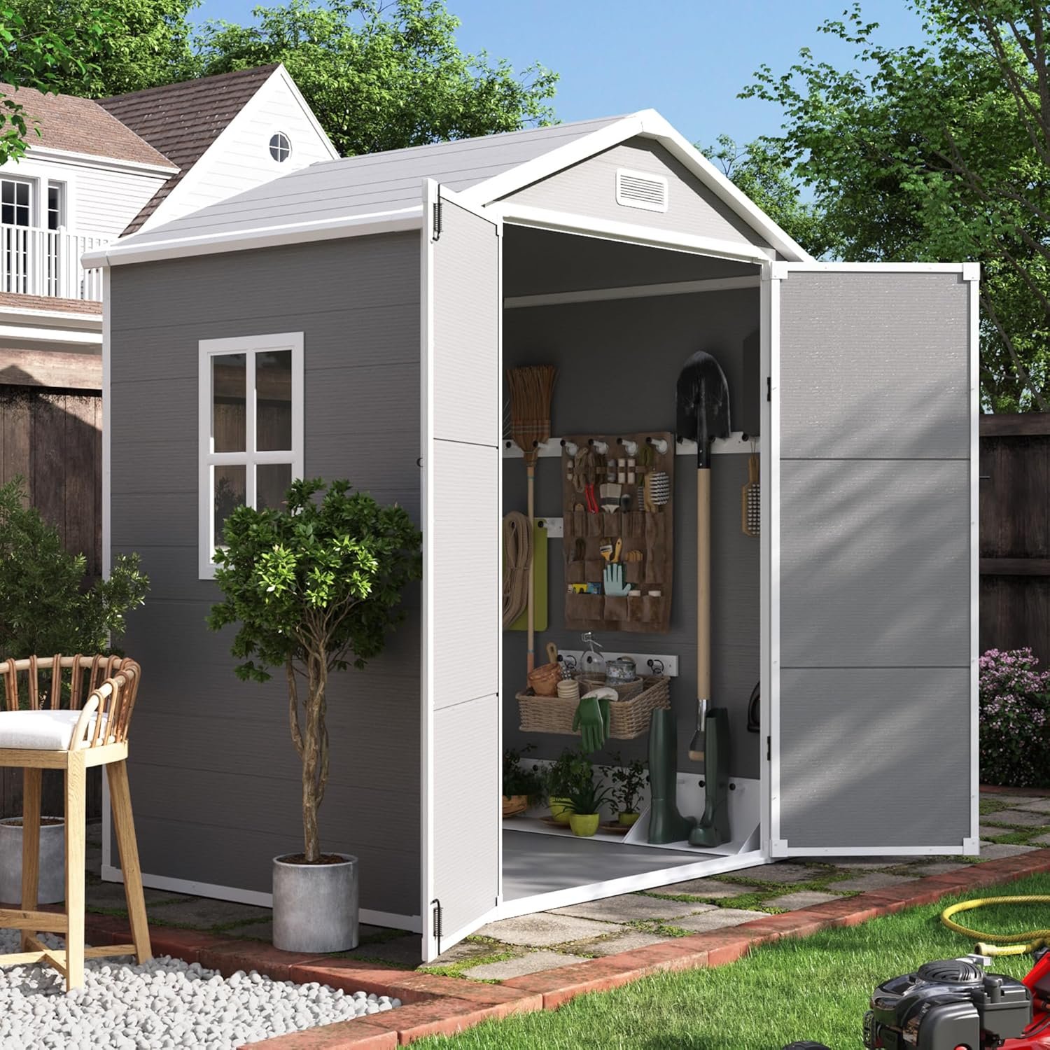 UDPATIO Outdoor Storage Shed 6×4 FT, Garden Resin Shed for Bike, Garbage Can, Tools, Outside Plastic Sheds with Floor for Backyard, Patio, Lawn, Grey & White