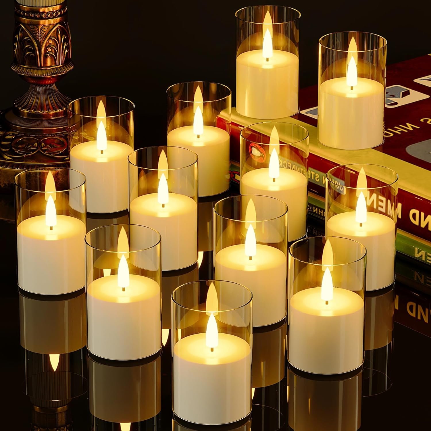 VIODAIM 12Pack Flickering Flameless LED Candles with Timer, Battery Powered – Small Pillar & Votive, Clear (2″X3″)
