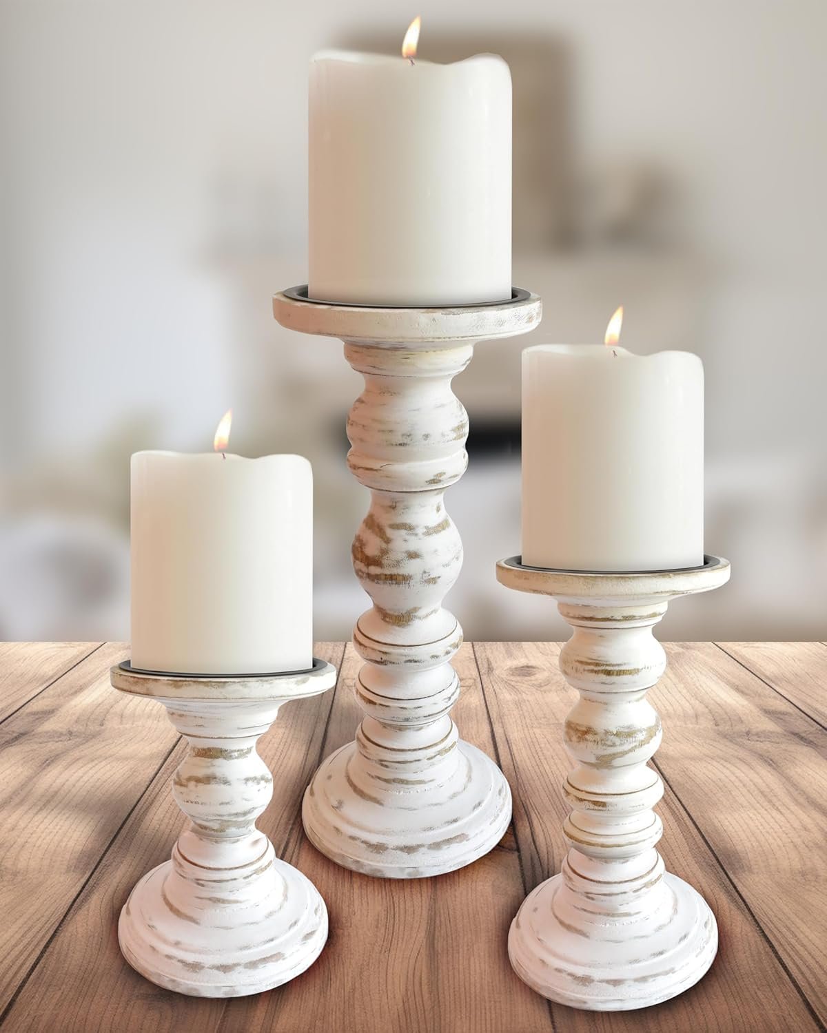 Large Candle Holders for Pillar Candles (3 Piece Set) Tall Rustic Wood Farmhouse Pillar Candlestick Stands – Fits 4 inch inch Wide Pillar Candles – Modern Candle Holder Decor (Antique White)