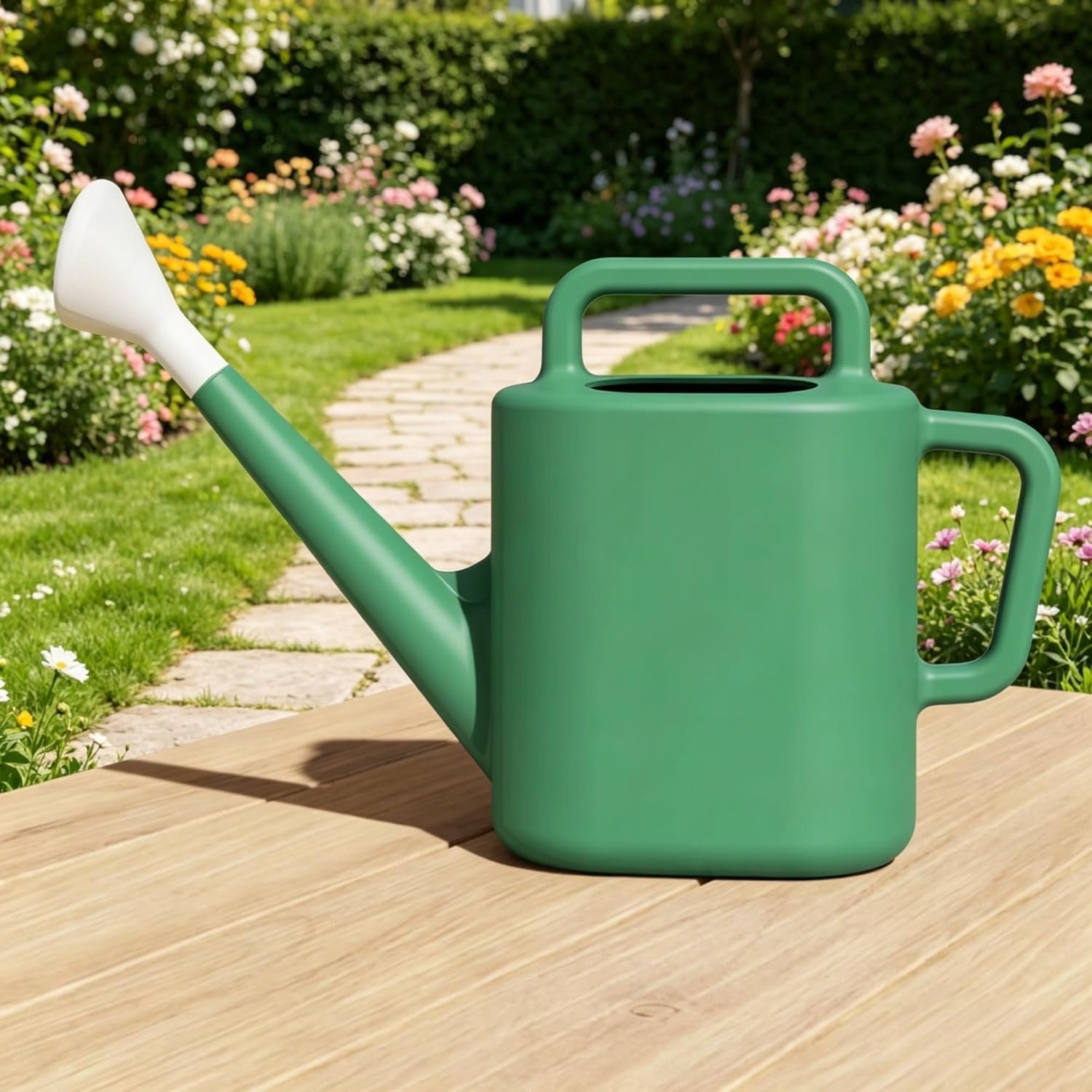 2 gal. Resin Watering Can, Green Lily, Dual Top & Side Handles for Easy Carrying & Pouring, Mess-Free Offset Opening for Home & Garden