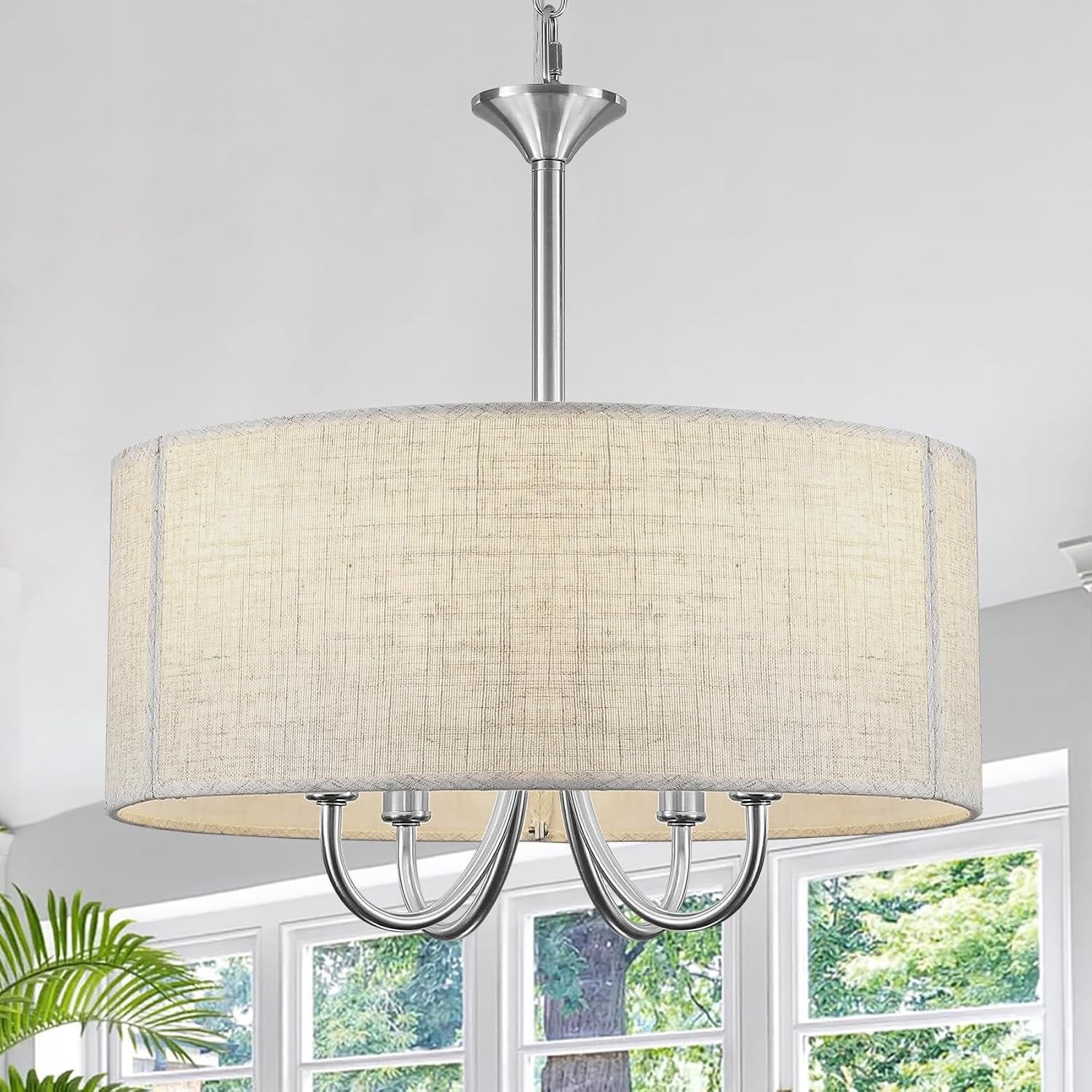 Drum Chandelier for Dining Room, 4-Light Modern Farmhouse Brushed Nickel Chandelier with Linen Drum Shade, 16″ Hanging Pendant Ceiling Light Fixture for Kitchen Island Bedroom Living Room