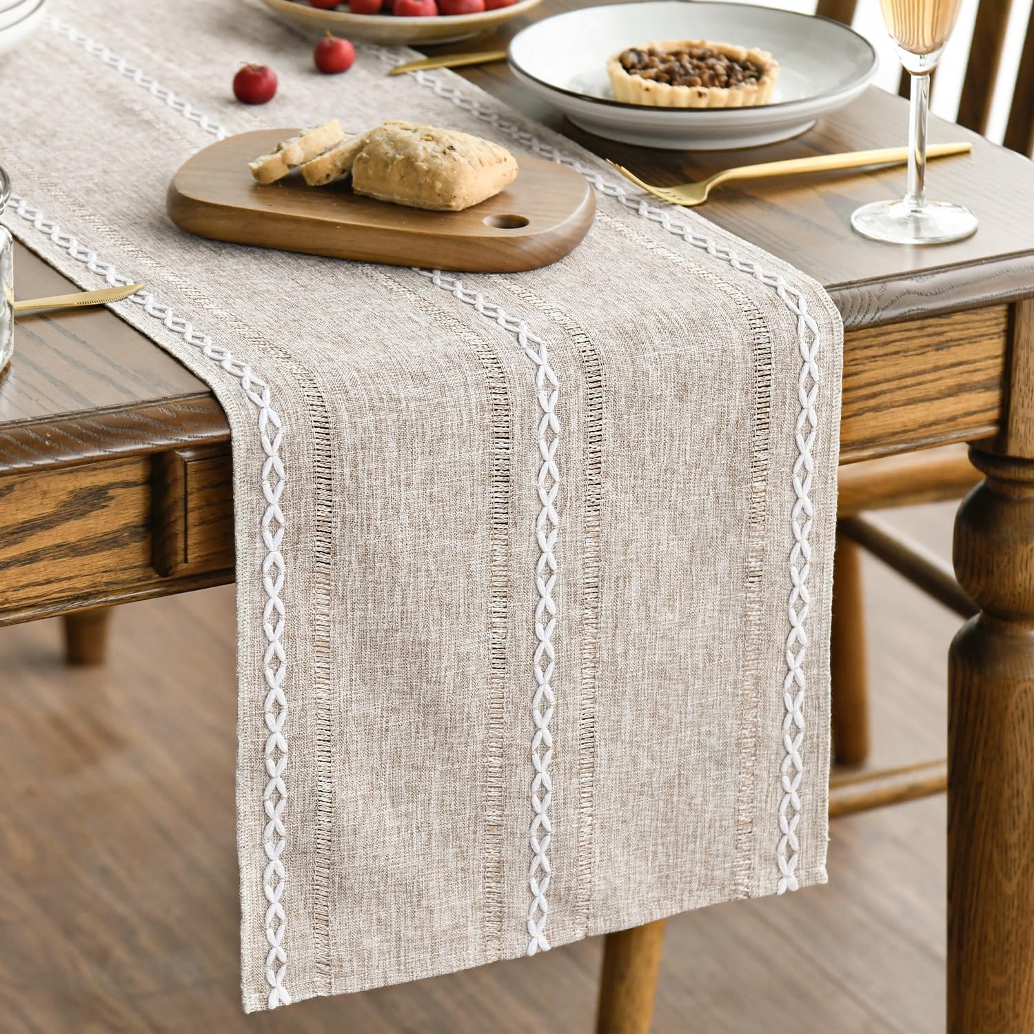 Artoid Mode Brown Rustic Cotton Linen Table Runner, Seasonal Embroidered Hollow Kitchen Dining Table Decoration for Home Party Decor 13×90 Inch