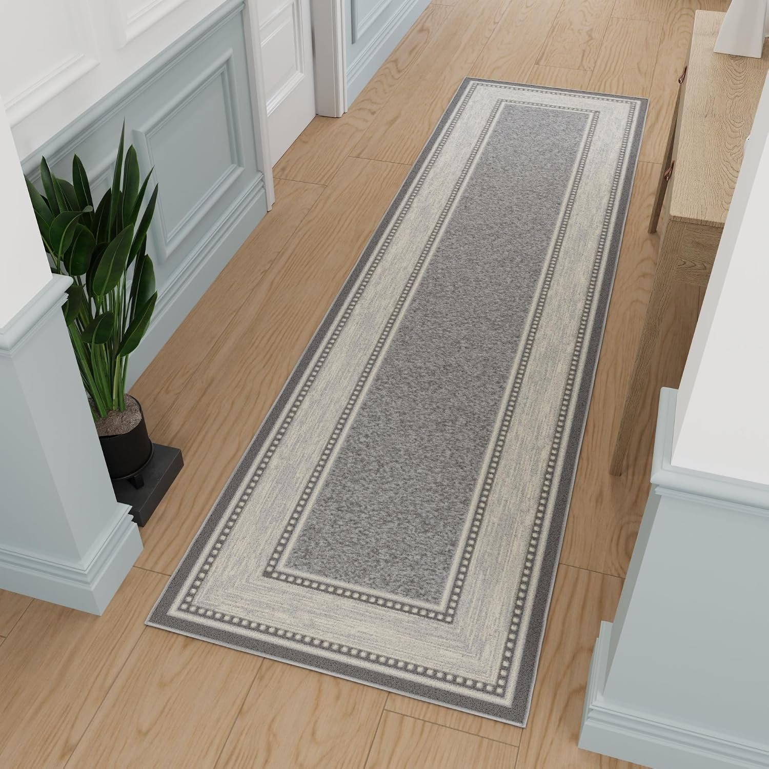 Ottomanson Hallway Runner Rug 2’7″ x 9’6″ – Non Slip Rubber Backed Carpet Runner for Hallways, Entryway, Living Room, Long Low Pile Indoor Floor Runner Rug, Border Light Gray