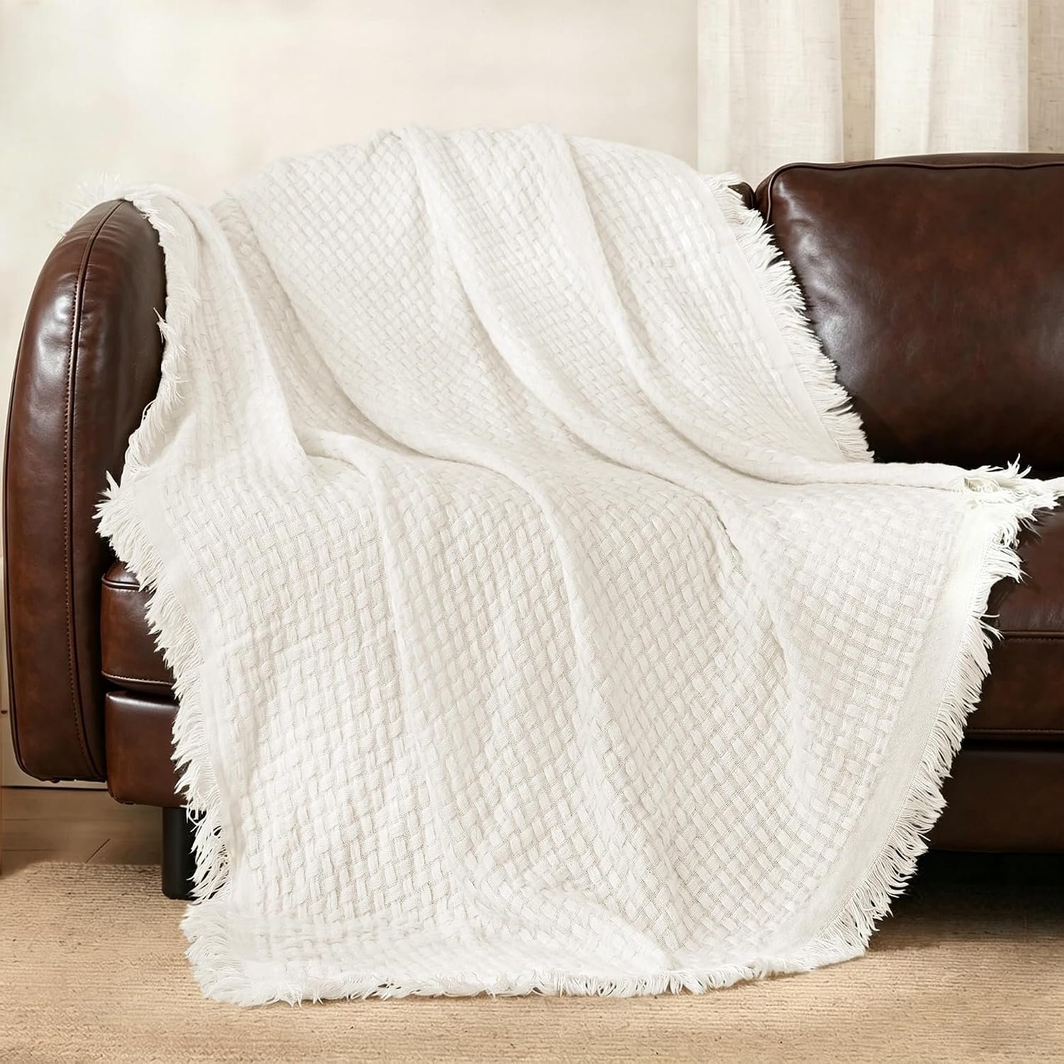 Exclusivo Mezcla Knit Throw Blanket with Fringes for Couch, Reversible Super Soft and Warm Woven Throw for Summer, Home Decor, 50″x60″, Ivory