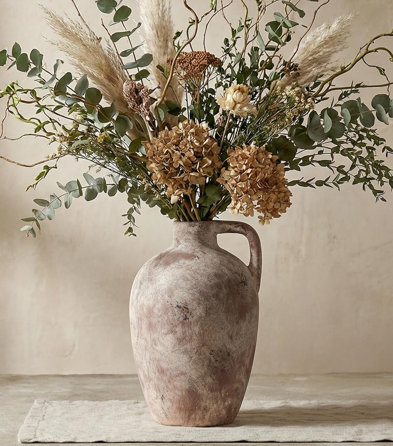 Ceramic Flower Vase with Handles,10″ Neutral Tall Clay Terracotta Vases Farmhouse Table Vases with Handle Living Room Decor Rustic Pottery Pots for Home Shelf Coffee Dining Desk Fireplace