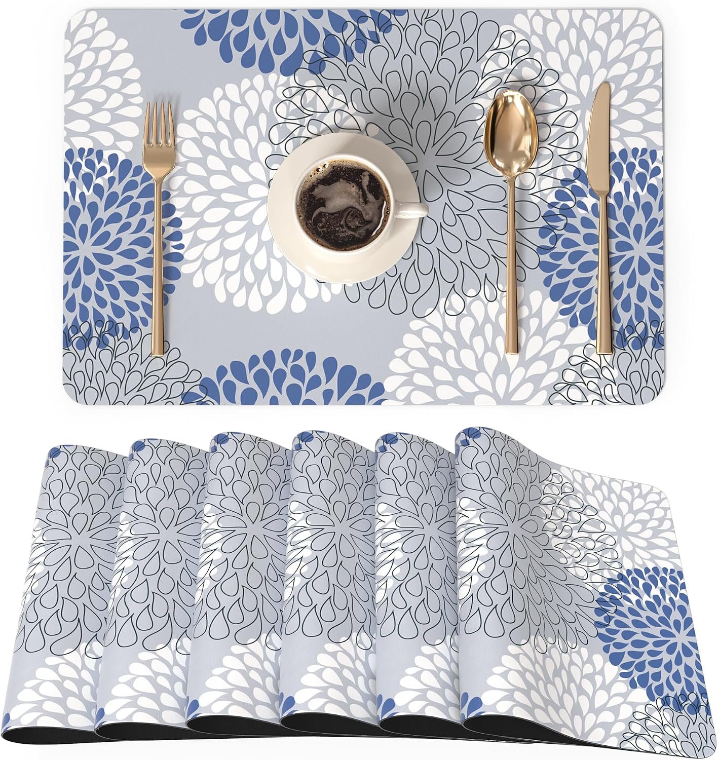 QIYI Placemats Set of 6, 12×18 Inch Faux Leather Place Mats for Kitchen Dinning, Heat Resistant Anti Slip Flower Table Mats, Waterproof Wipeable Washable Placemat Party Table Décor, Blue Floral Burst