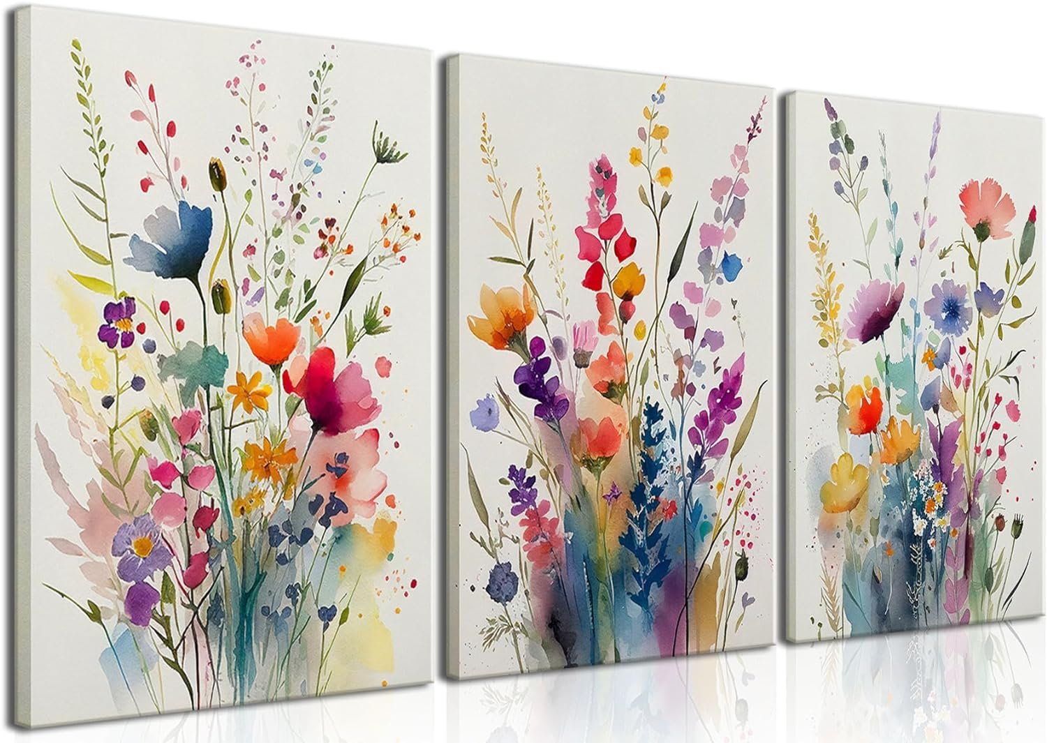 KISSFOX 3 Piece Canvas Wall Art Wildflowers Wall Decor Floral Pictures Botanical Paintings Colorful Prints Watercolor Artwork For Bedroom Bathroom Living Room