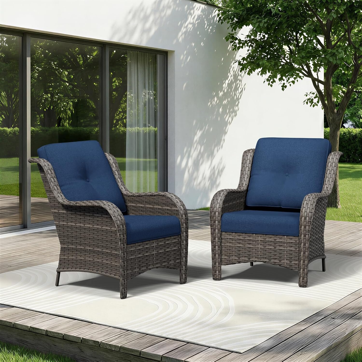 Patio Chairs Set of 2, Outdoor Wicker Patio Furniture Set with Thickened Olefin Cushions, High Back and Deep Seating, Wide Curved Armrest Hand-Woven PE Rattan for Porch, Deck, Blue