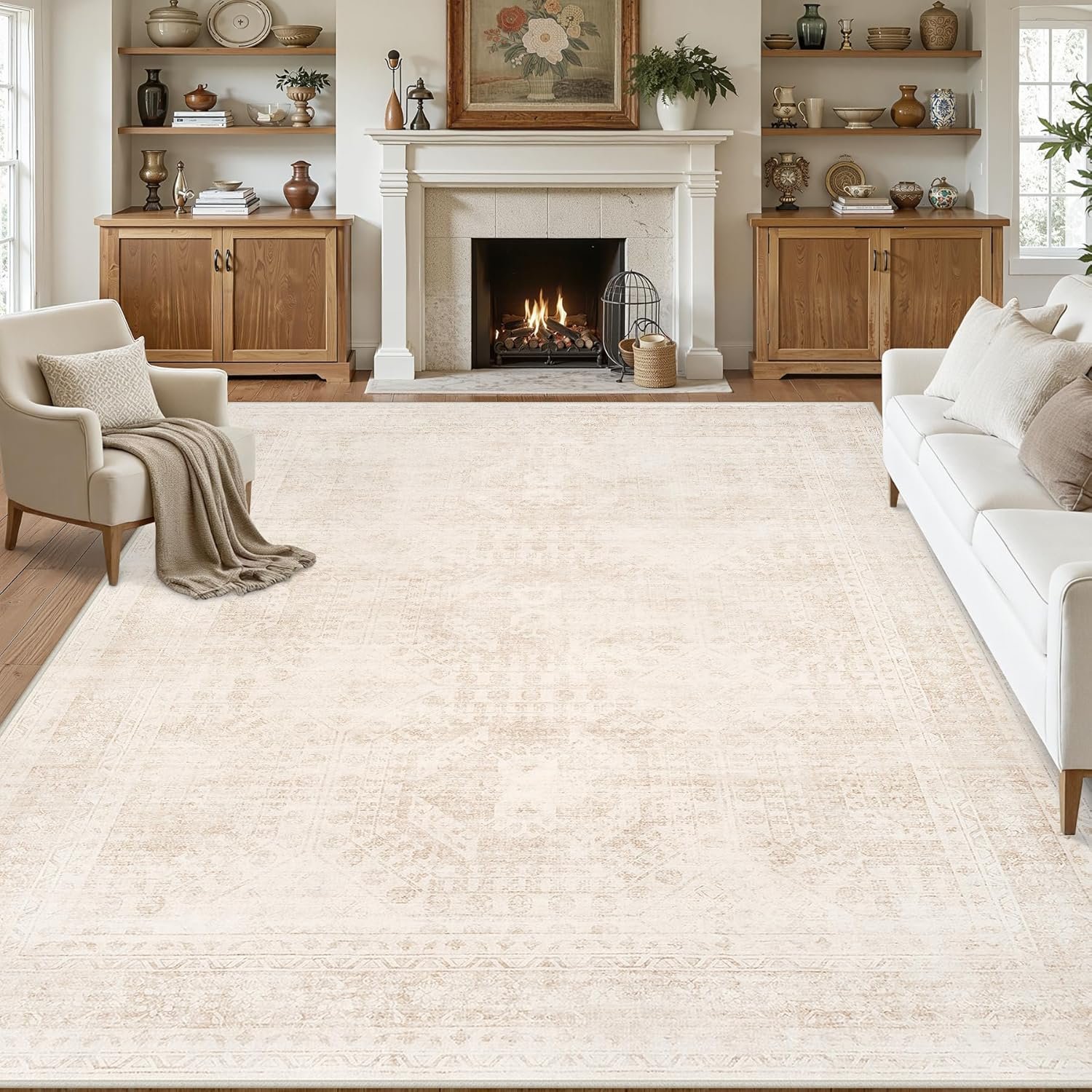 8×10 Area Rugs for Living Room: Vintage Boho Neutral Washable Rug Indoor Soft Large Area Rug Carpet for Bedroom Nursery Farmhouse Dining Room Office Floor Non-Slip Low Pile Under Table Rug Beige