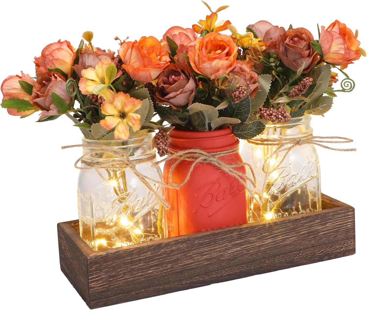 Mason Jar Table Centerpiece Decor with Lights, Wood Tray & 3 Artificial Flowers – Farmhouse Table Decor for Dining Room, Living Room, Kitchen, Coffee Table​