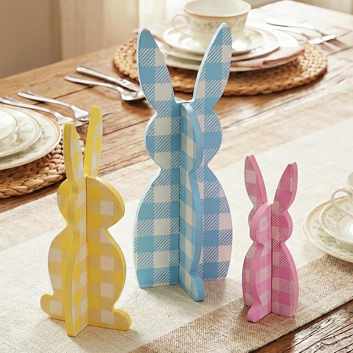 Valery Madelyn Easter Decorations, Bunny Decor Table Centerpiece, 3 Pcs Wooden Easter Decor Indoor, Cute Bunny Decorations for Table Shelf Tiered Tray Home Livingroom Kitchen Bedroom, 5-8 inch