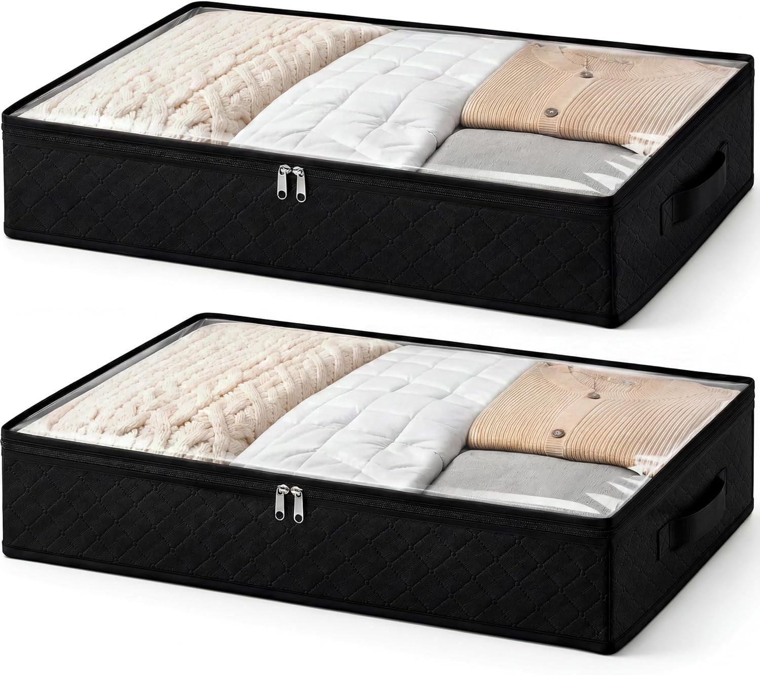 Fixwal Black Underbed Storage Bags with Clear Window and 2 Reinforced Handles Under Bed Storage Containers for Clothing, Bedding, Comforter (2 Pack)