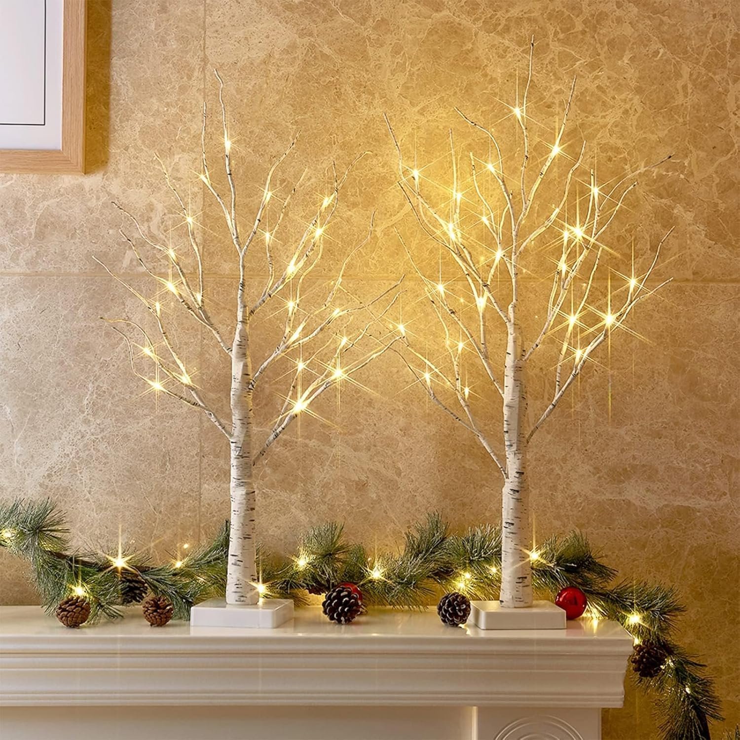 PEIDUO Home Decor, 2FT Birch Tree with LED Lights, Warm White Light up Tree Lamp, Artificial Trees for Home Table Inside, Battery Powered, Timer (2PK)