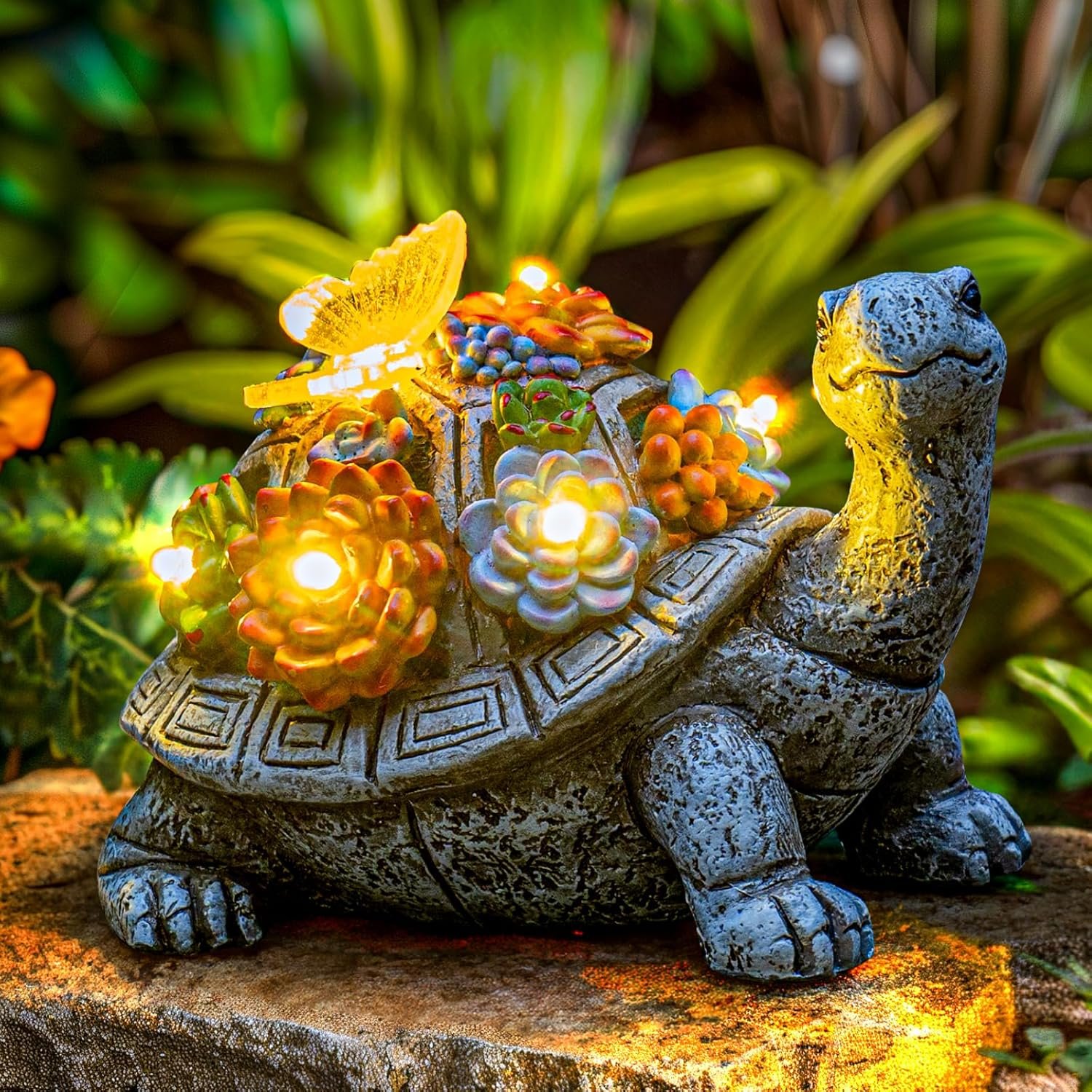 YDKOJGW Solar Garden Outdoor Statues with Succulent and 7 LED Lights – Lawn Decor Tortoise Statue for Patio, Balcony, Yard Ornament – Unique Housewarming Gifts (Gray Turtle)